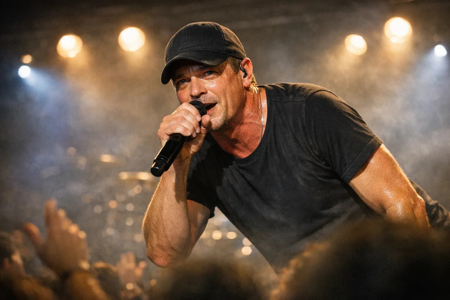 Brad Arnold performing on stage, holding a microphone, wearing a black t-shirt and cap, illuminated by warm spotlights