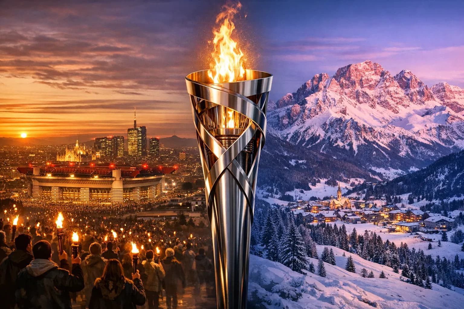 Panorámica dividida de Milán con el estadio San Siro y las Dolomitas de Cortina con la antorcha olímpica, representando las sedes de Milano Cortina 2026.