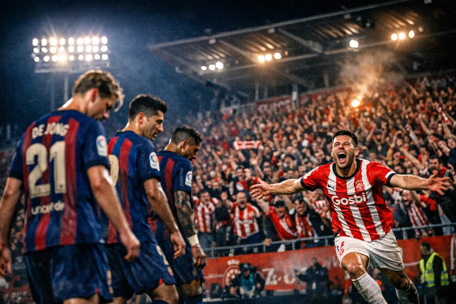 Girona player celebrating late goal at Montilivi as Barcelona players walk away, fans cheering in background
