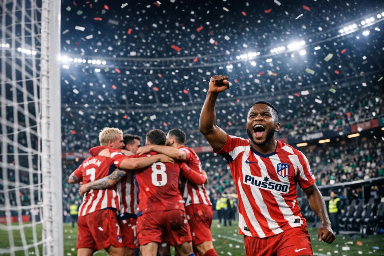Atlético Madrid players celebrate at Estadio de La Cartuja after a 5-0 Copa del Rey win over Real Betis on Feb 5, 2026.