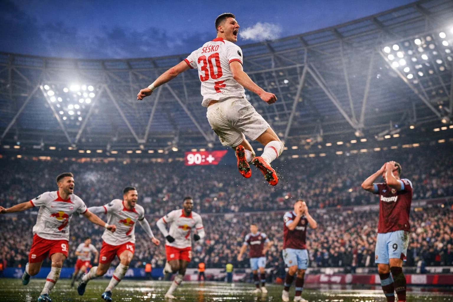 Benjamin Šeško celebrates a stoppage-time goal as West Ham players look on at the London Stadium