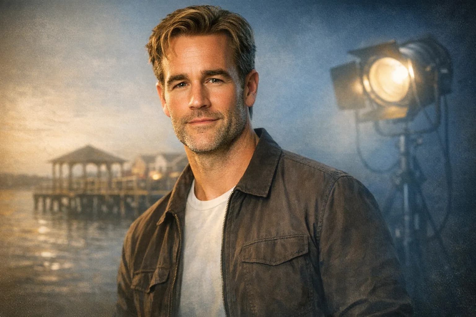 Portrait-style image of James Van Der Beek looking calmly toward the camera, with a soft-focus backdrop suggesting television and stage.
