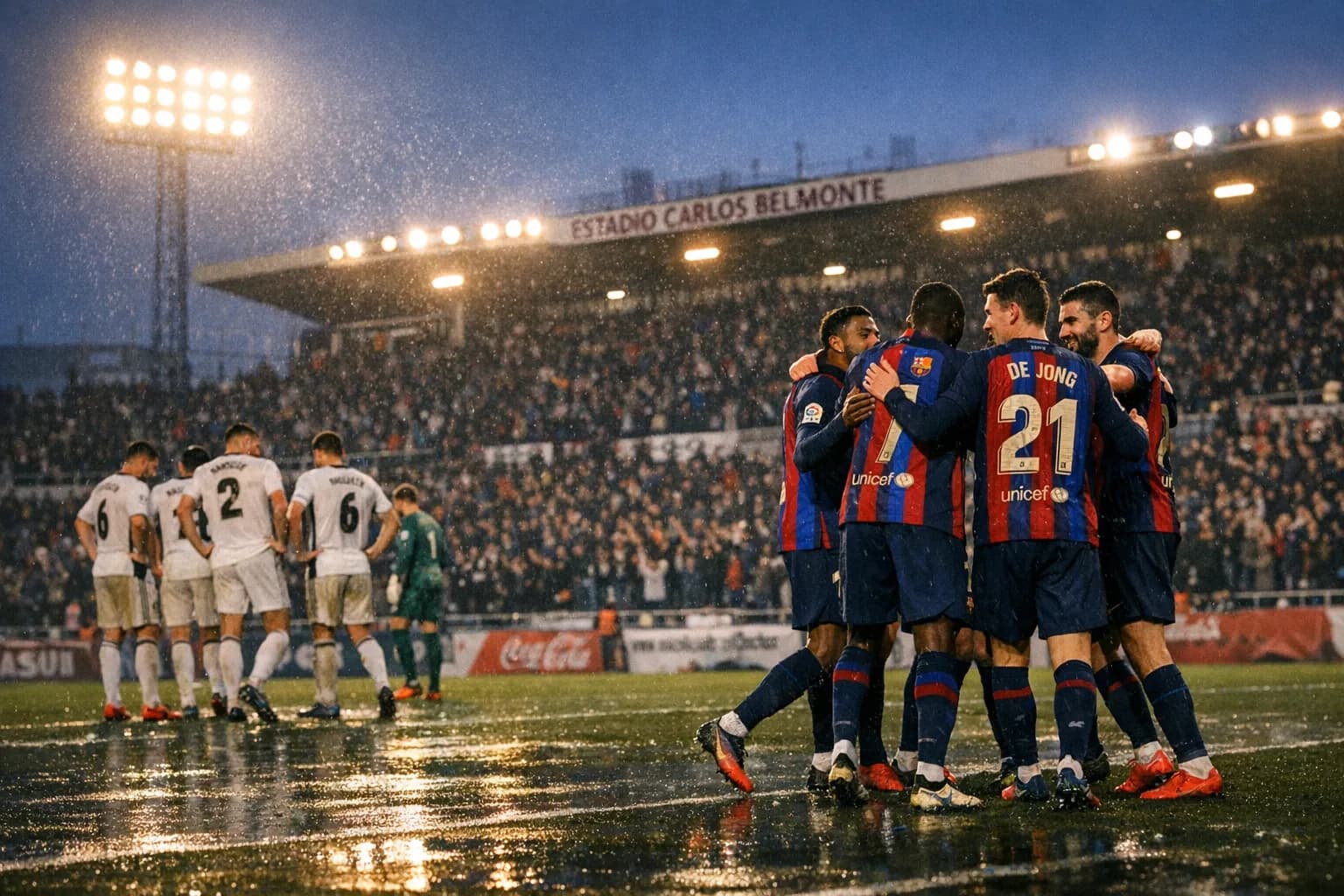 Barcelona players celebrating during their 2-1 Copa del Rey win at Estadio Carlos Belmonte over Albacete on February 3, 2026