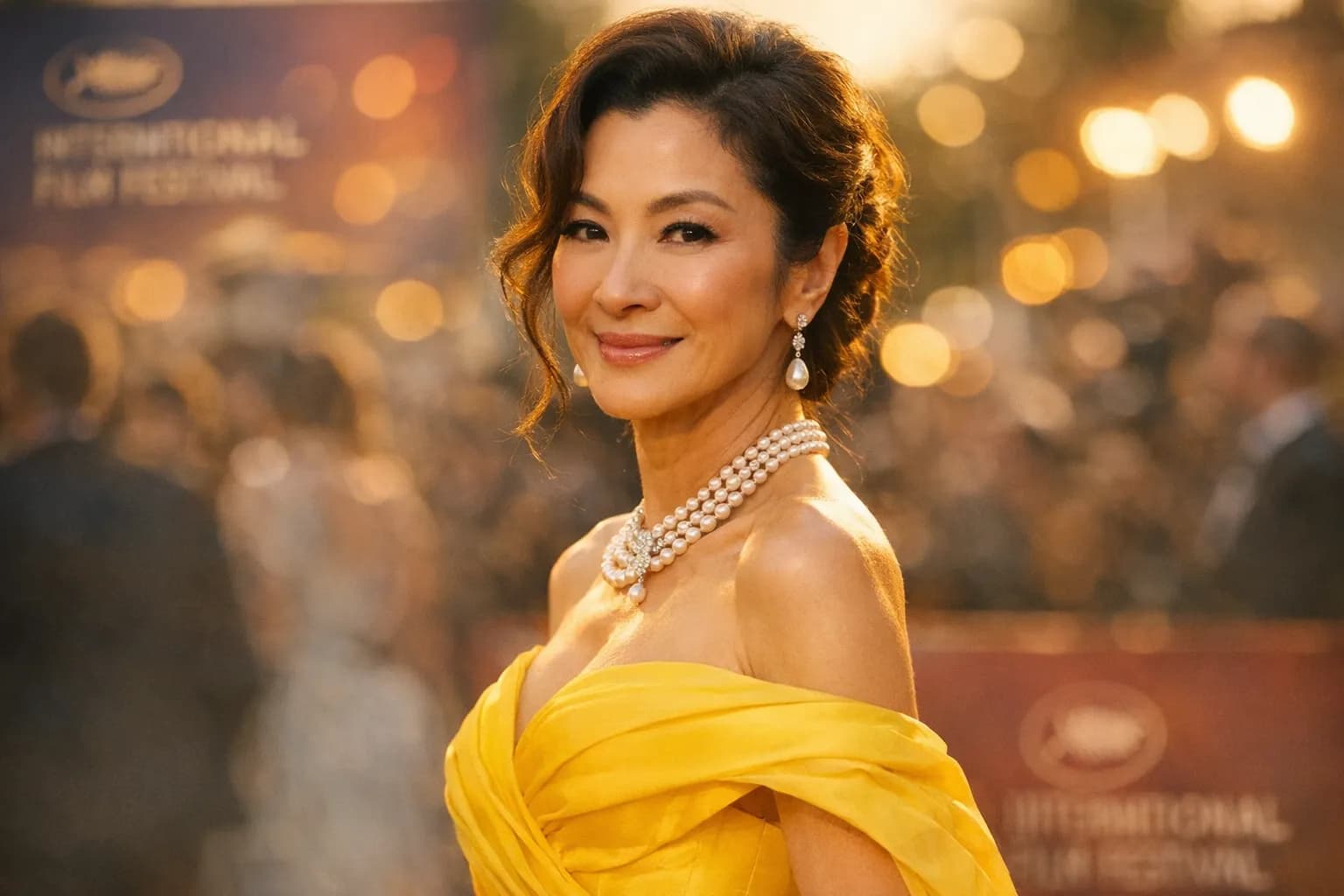 Michelle Yeoh in a bright yellow couture gown on a film festival red carpet, smiling, with blurred festival banners behind her.