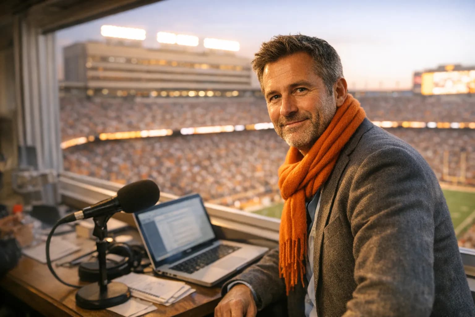 Wes Rucker in a press box at Neyland Stadium with microphone and laptop, sunset light