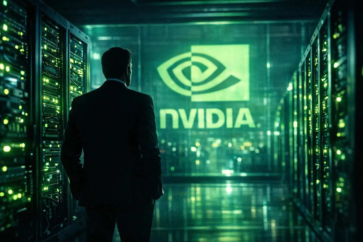 Nvidia logo projected over glowing server racks in a dark data center, conveying scale and AI computing power.
