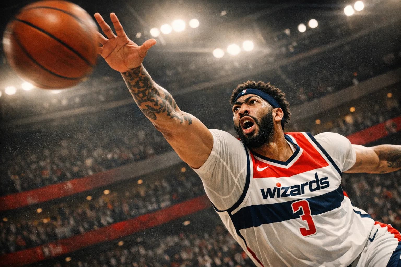 Anthony Davis rising to block a shot in a Washington Wizards uniform, arena lights and crowd behind him.