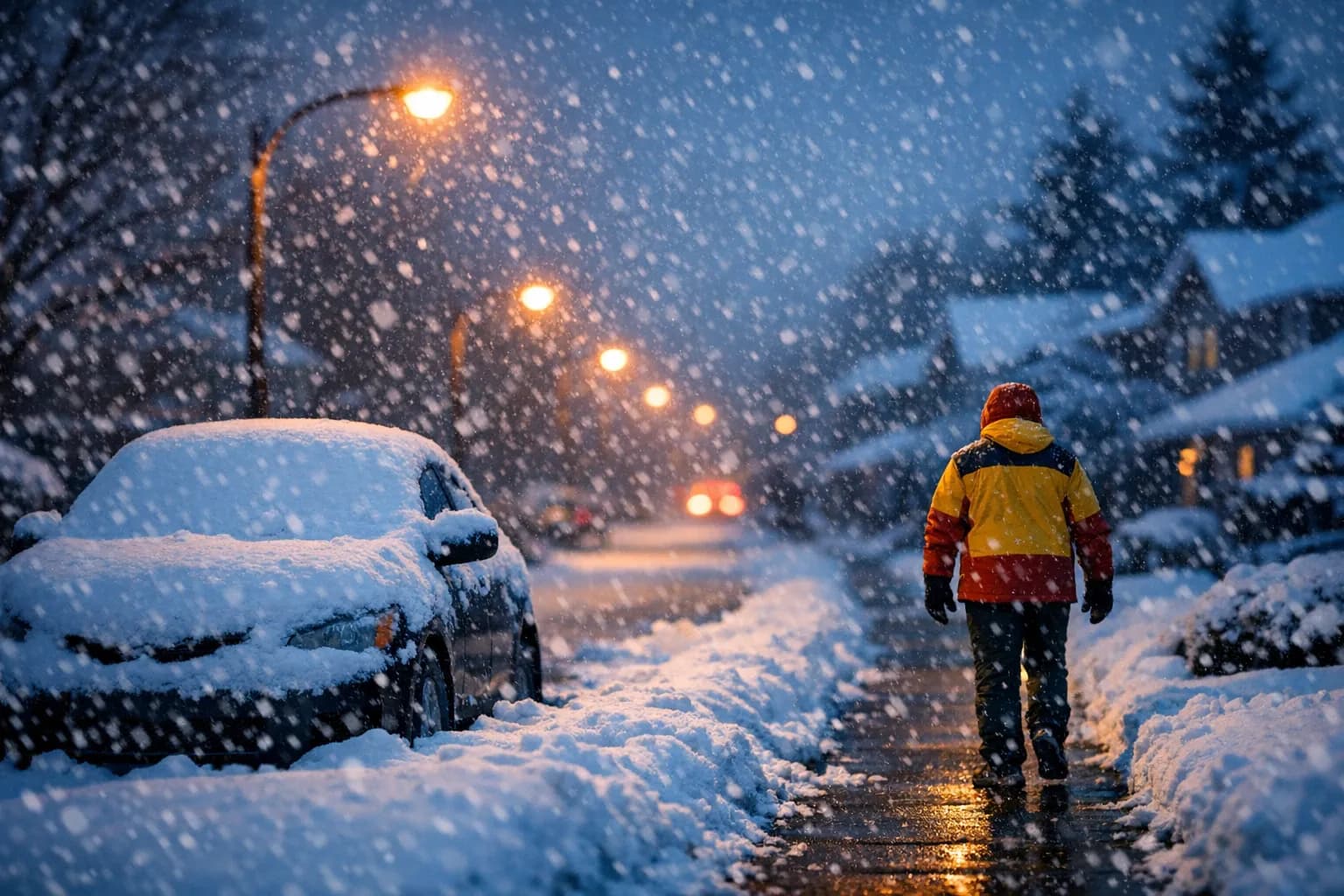 Suburban street at dusk with heavy falling snow, streetlights glowing, and a partially snow-covered car.