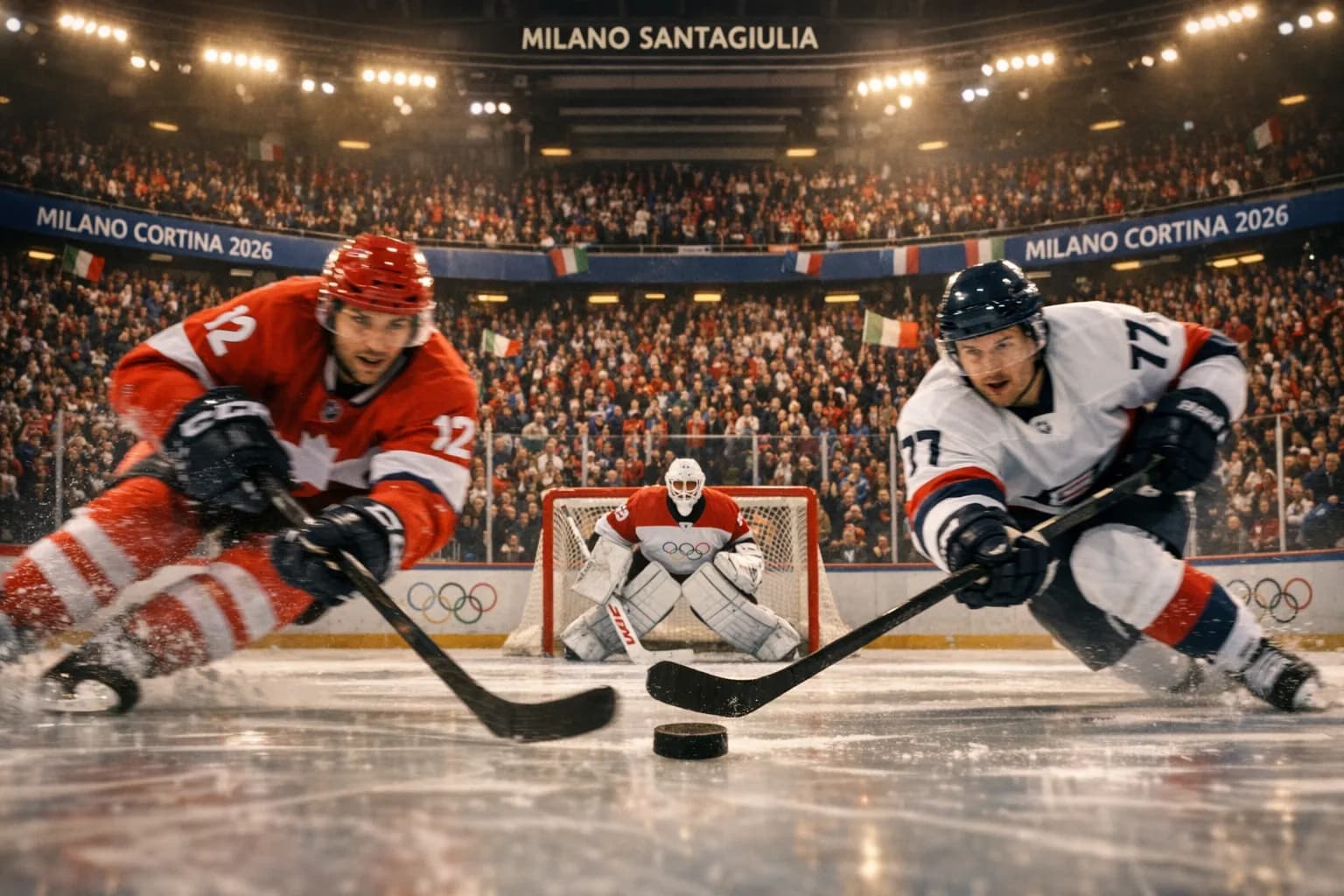 Players battling for the puck in a packed Milano Santagiulia arena at the 2026 Winter Olympics, bright arena lights and cheering crowd