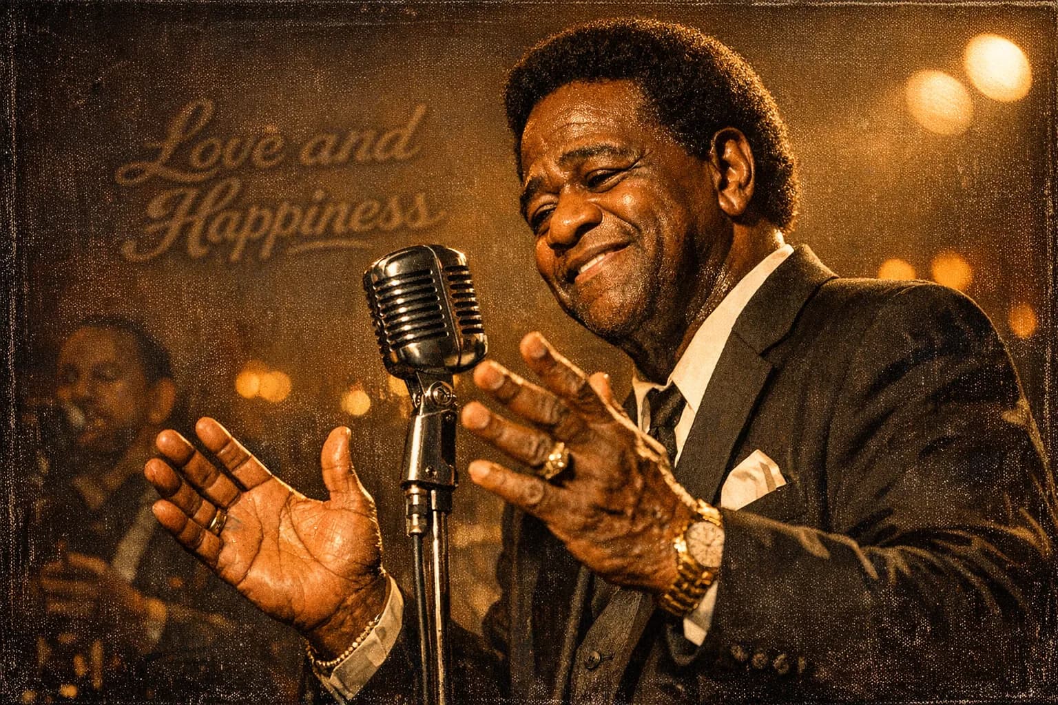 Al Green performing on stage, bathed in warm golden light, holding a vintage microphone, with blurred band behind him.