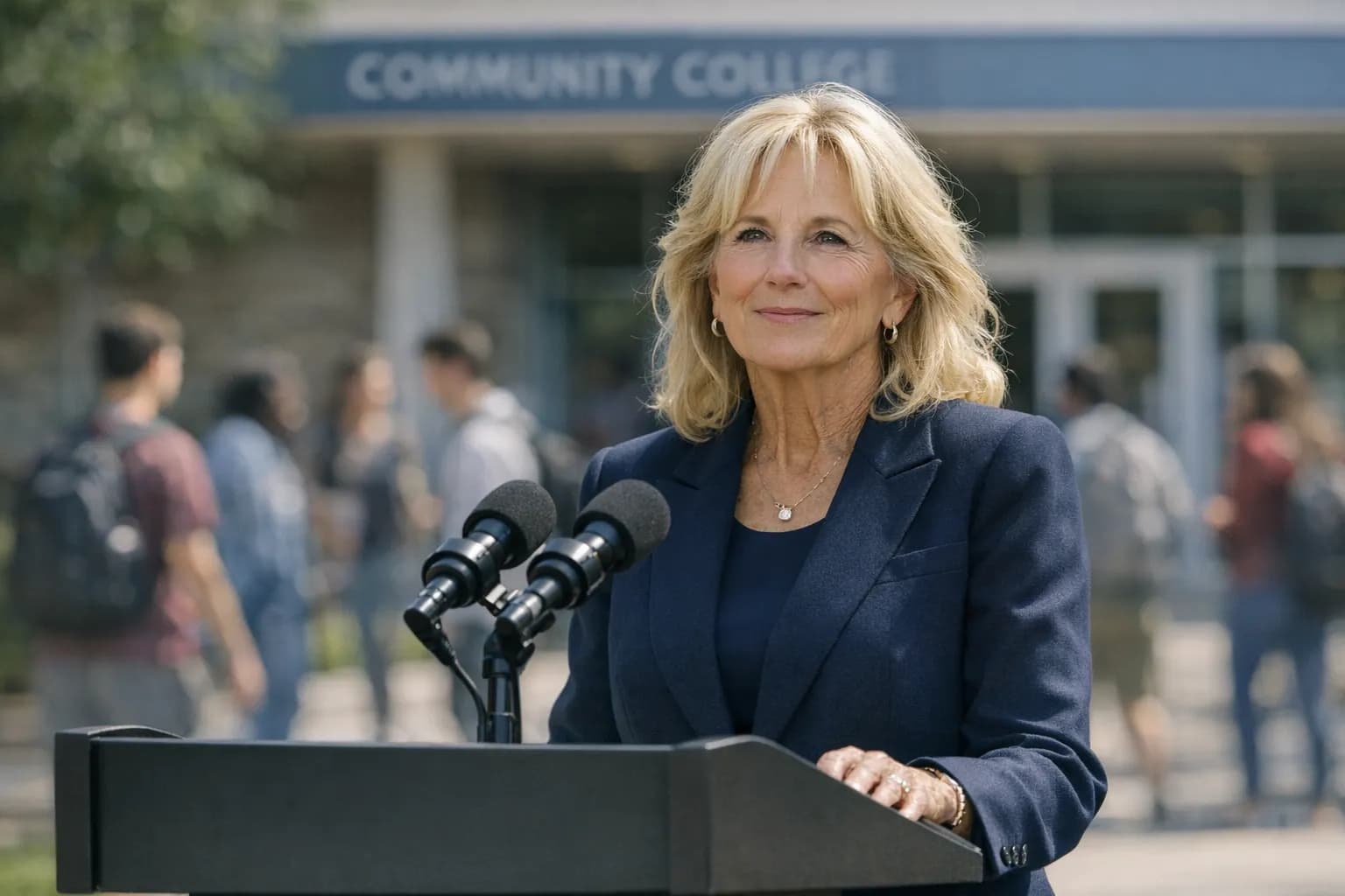 Dr. Jill Biden speaking outside a community college, students and campus buildings blurred behind her.
