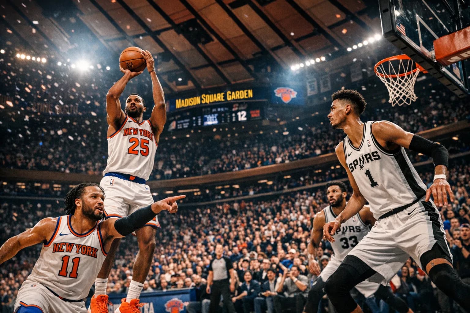 Mikal Bridges of the New York Knicks shoots as Victor Wembanyama of the San Antonio Spurs defends at Madison Square Garden.