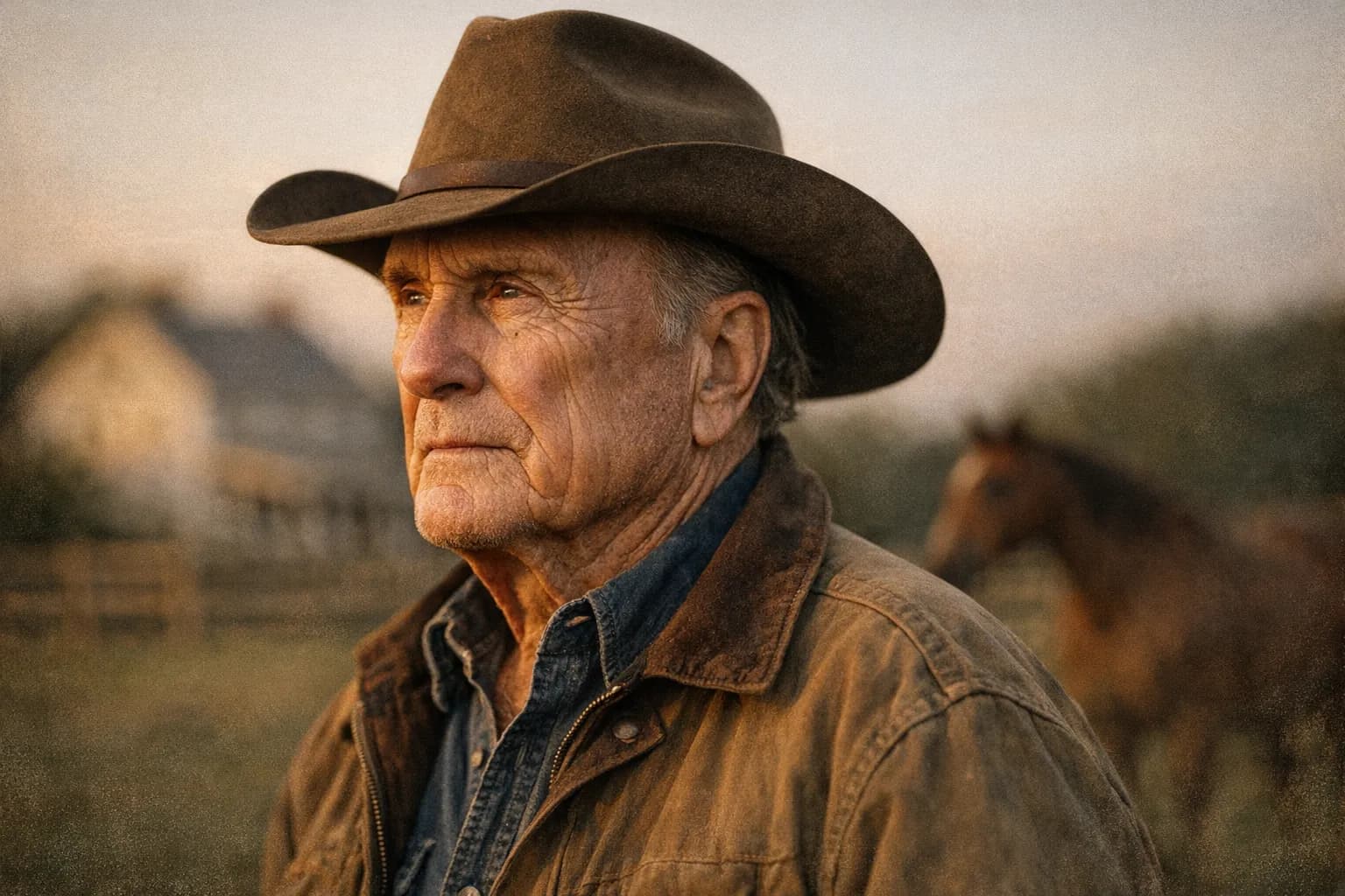 Robert Duvall standing on his Virginia farm at dusk, looking thoughtful, warm golden light and a horse in the background.