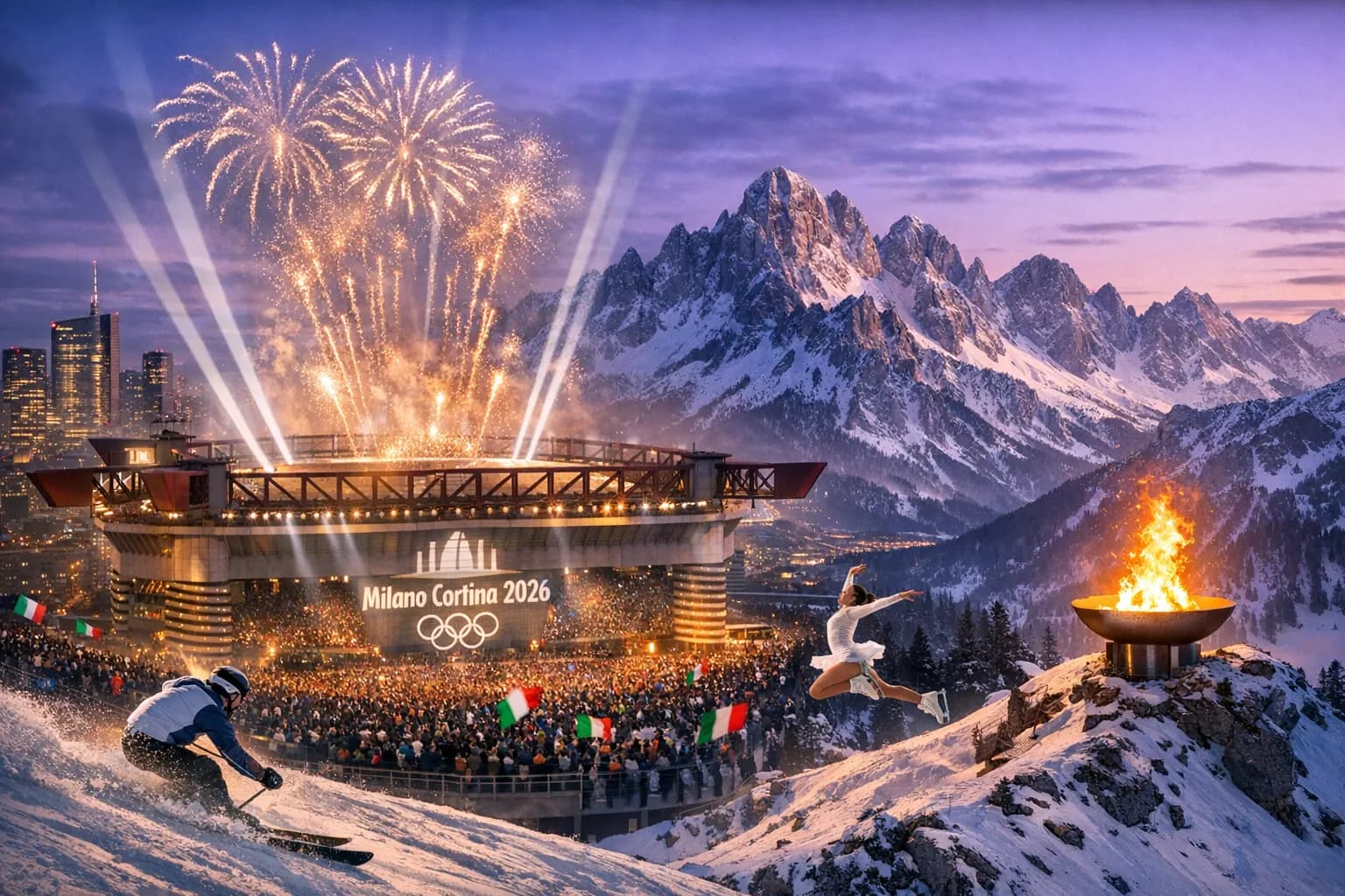 San Siro stadium lit for Milano Cortina 2026 opening, with a distant snowy Dolomites ridge and a second cauldron, crowds and fireworks