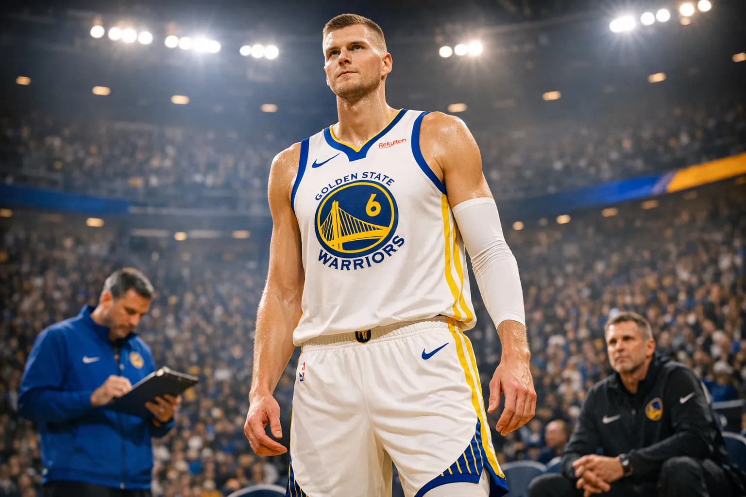 Kristaps Porziņģis in Golden State Warriors uniform on court, medical staff and coaches visible in blurred background