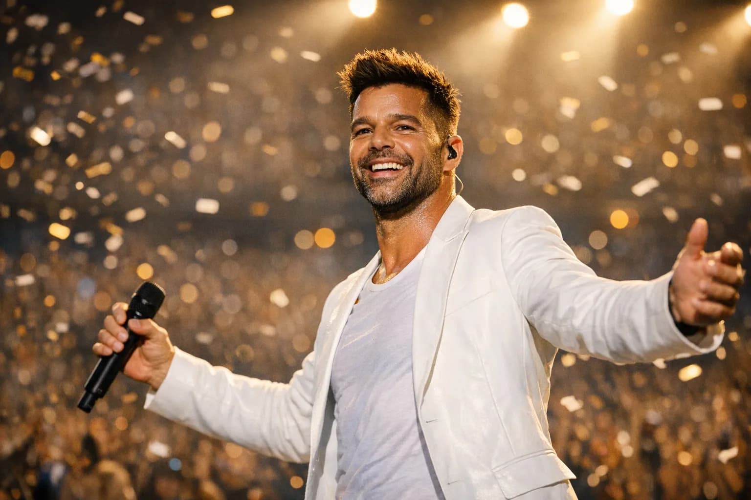 Ricky Martin performing onstage in a white outfit, bathed in golden light, with a cheering crowd behind him.