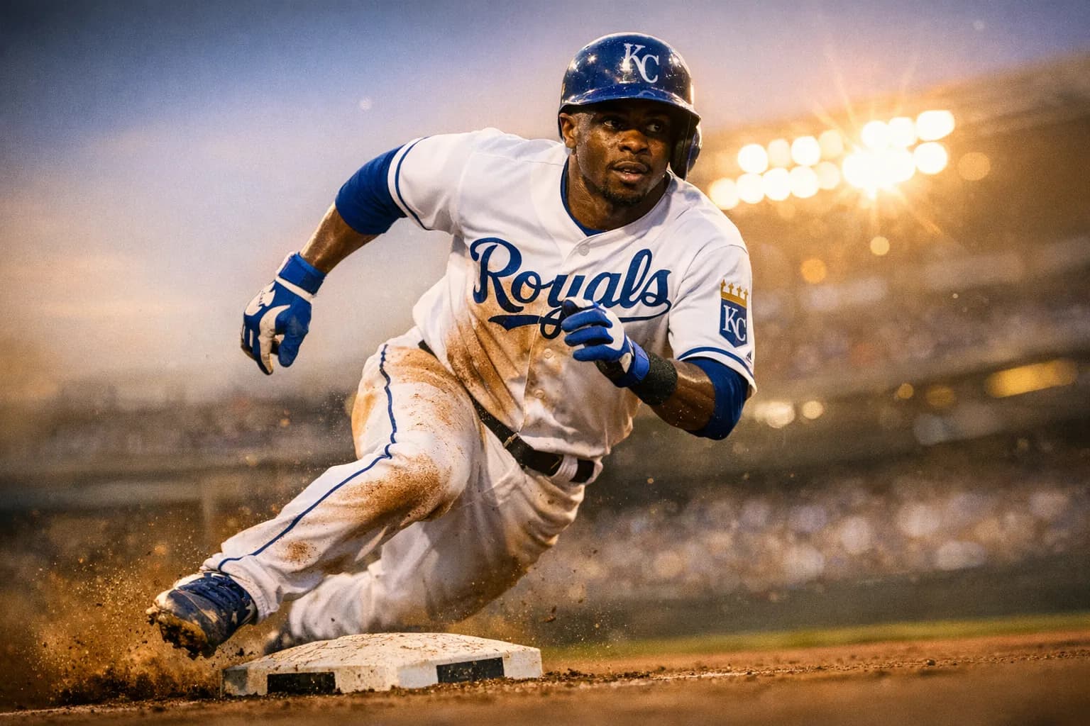 Terrance Gore running the bases in a Kansas City Royals uniform, captured in motion with stadium lights in the background