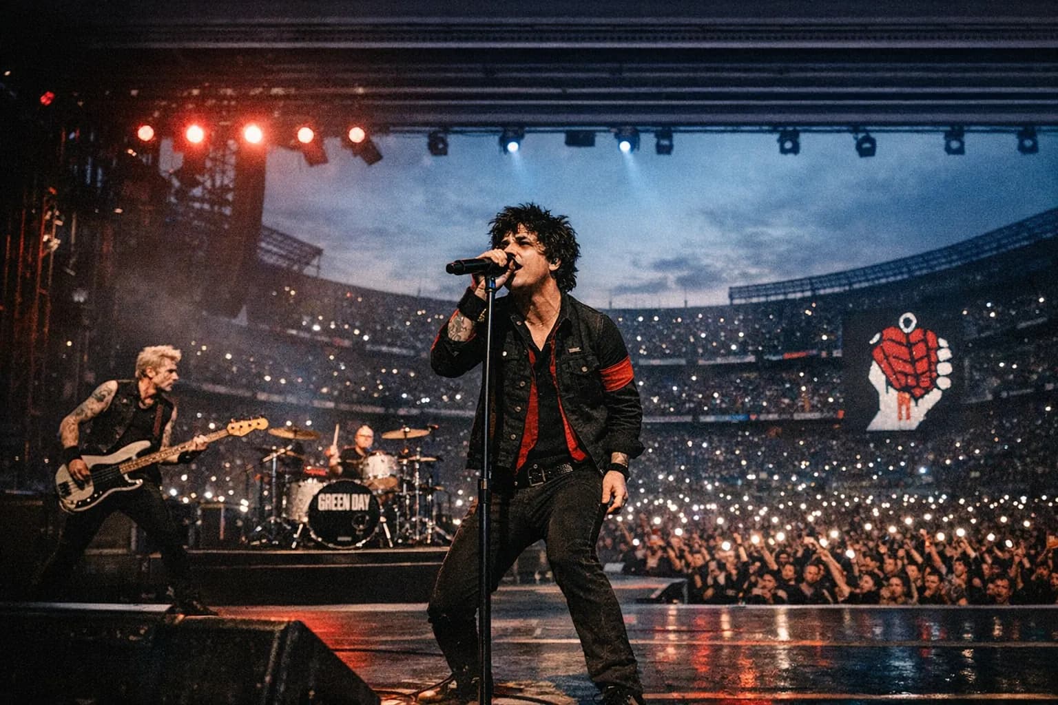 Green Day performing on a large stadium stage at dusk, Billie Joe Armstrong singing center, fans with phone lights in the crowd