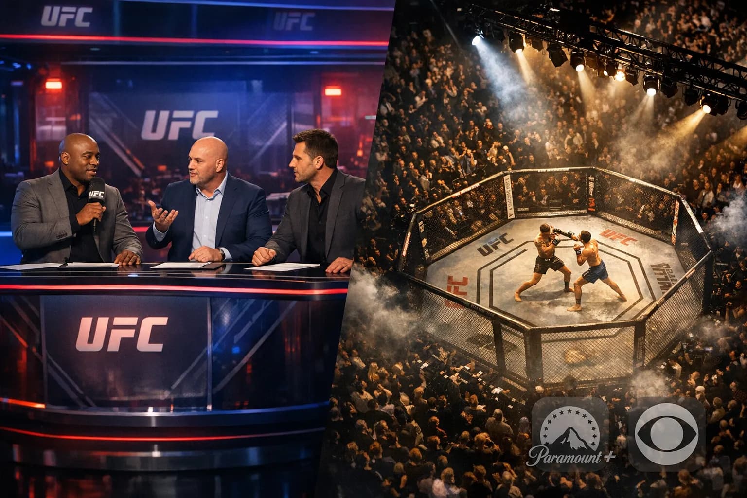 Split image showing a UFC studio show and the Octagon during a live fight, with streaming app icons indicating modern broadcast.
