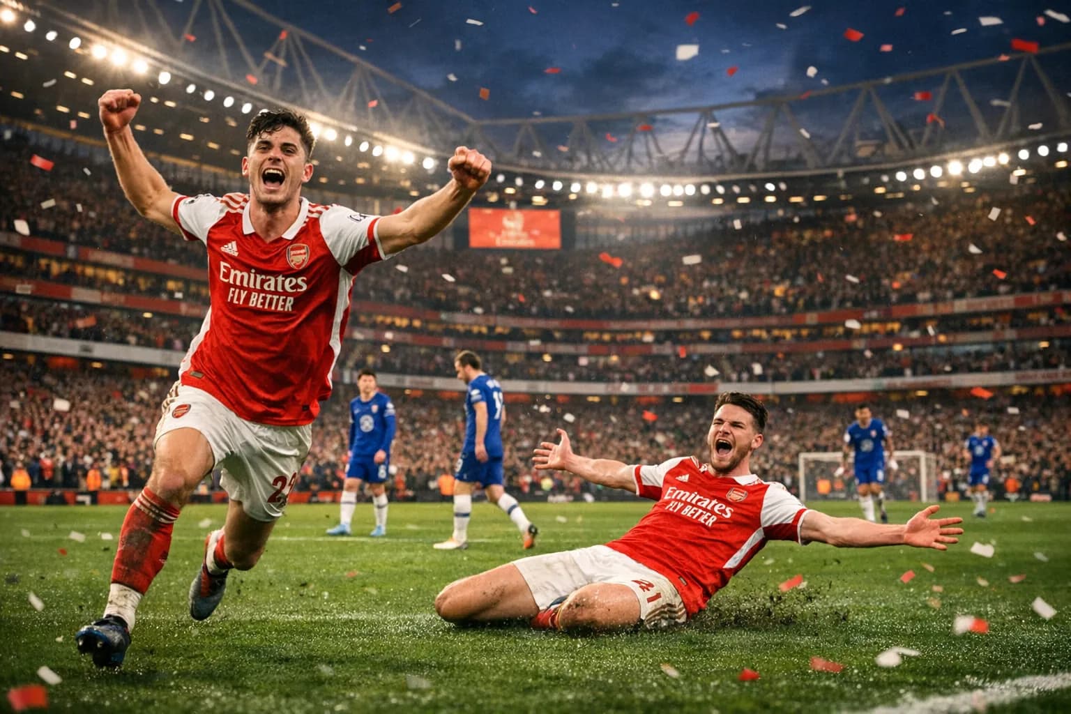 Kai Havertz celebrating a late goal at the Emirates Stadium as Arsenal fans celebrate and Chelsea players look on.