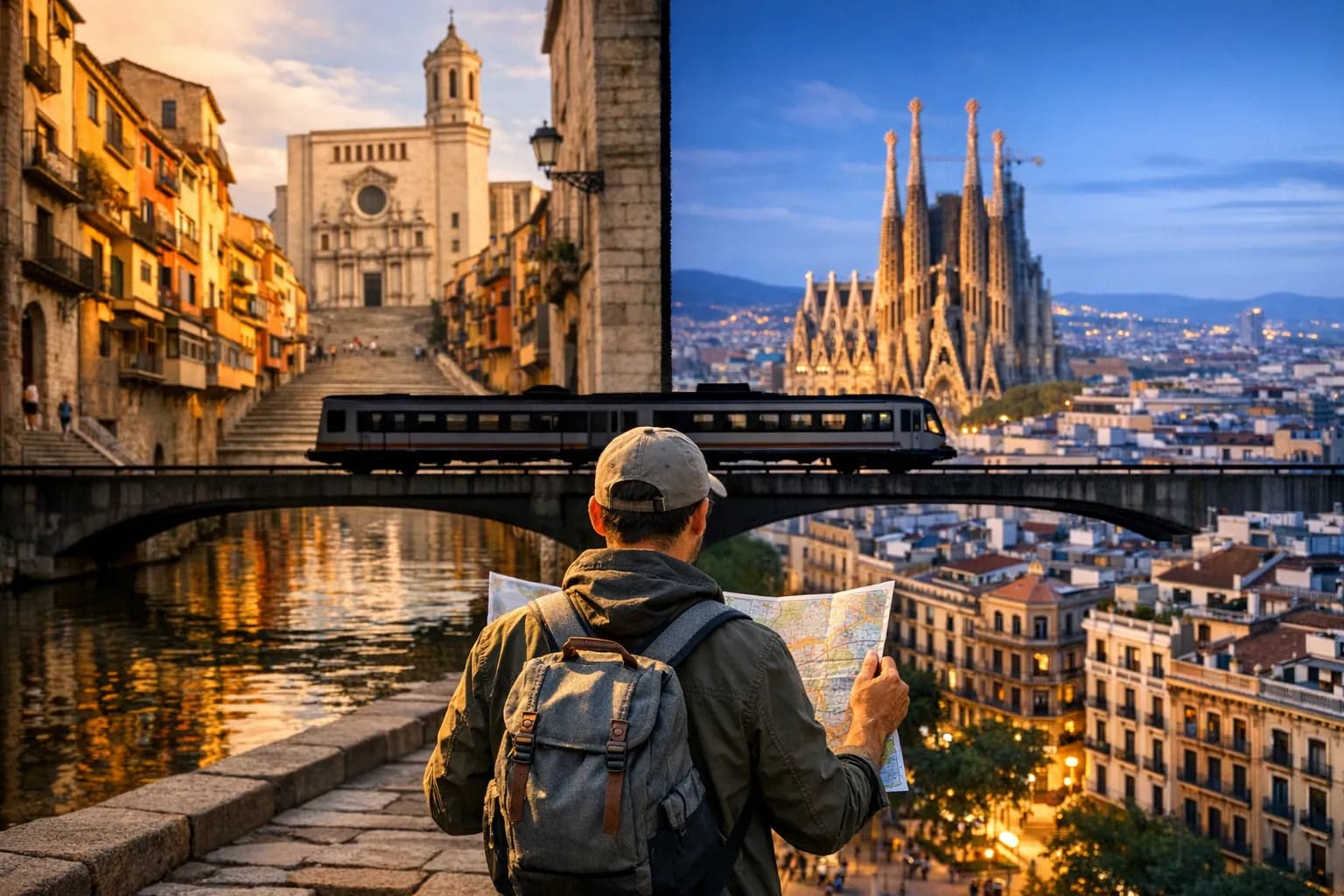 Split view: Girona’s colorful Onyar River houses and cathedral steps on the left, Barcelona’s Sagrada Familia and cityscape on the right, at golden hour.