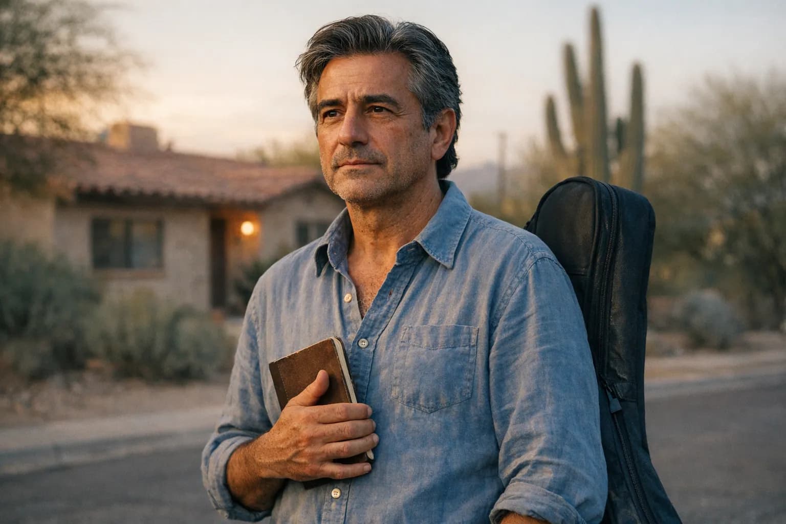 Portrait of Tommaso Cioni standing on a Tucson street at dusk, holding a notebook and a bass case, with desert plants and a house blurred in the background.