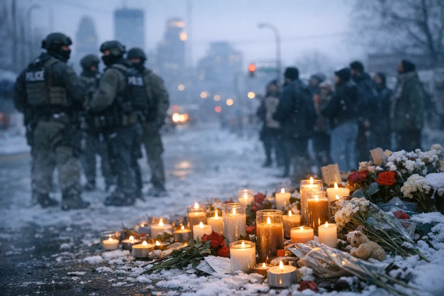 Roadside memorial with candles and flowers on a snowy Minneapolis street, federal agents and a small crowd blurred in the background