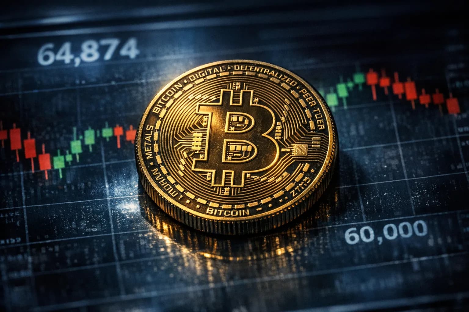 Physical bitcoin coin on a dim trading screen showing volatile price candlesticks and numbers indicating a drop to the mid-sixty-thousands.