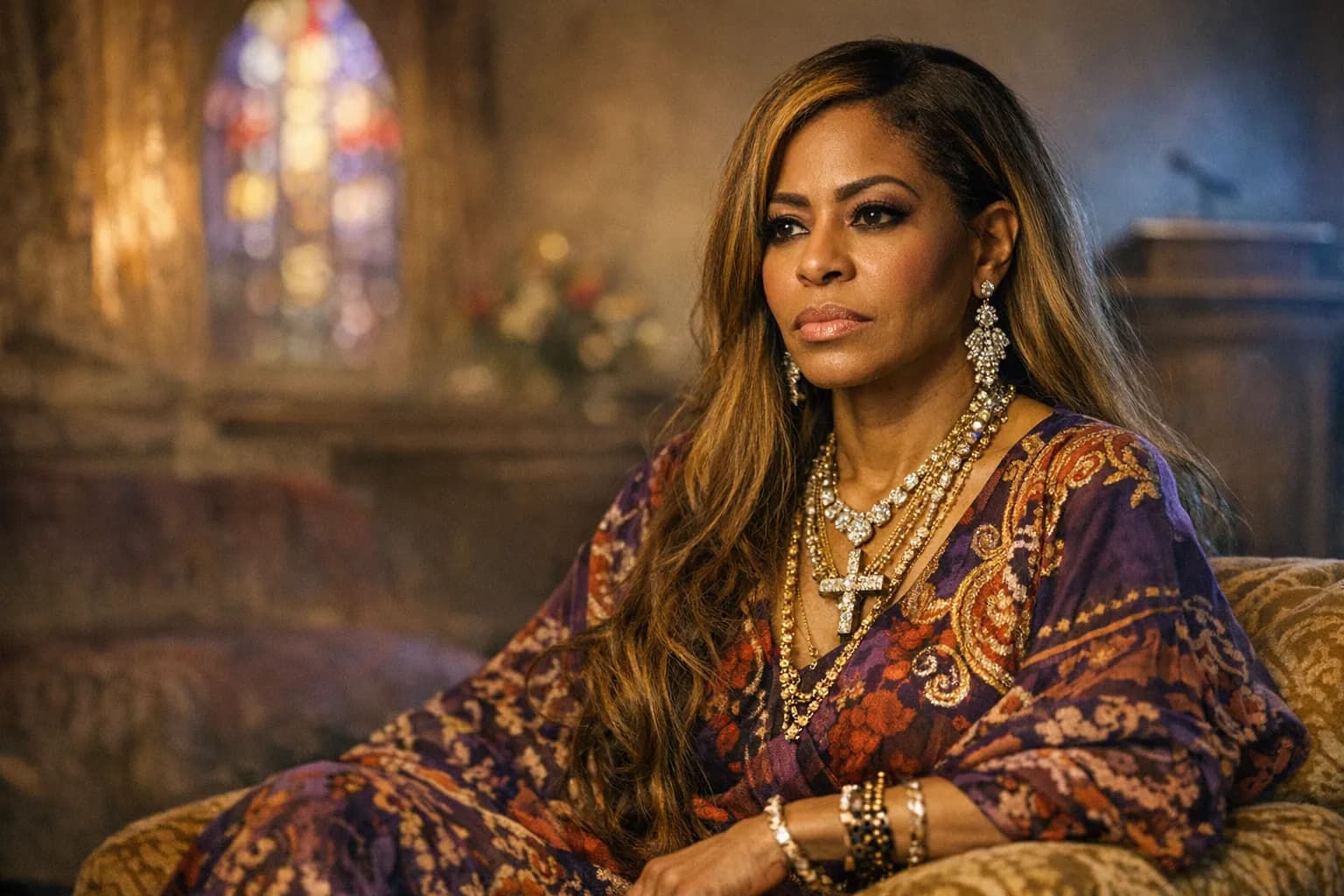 Mary Cosby seated in a colorfully decorated room, wearing an ornate gown and jewelry, looking contemplative.