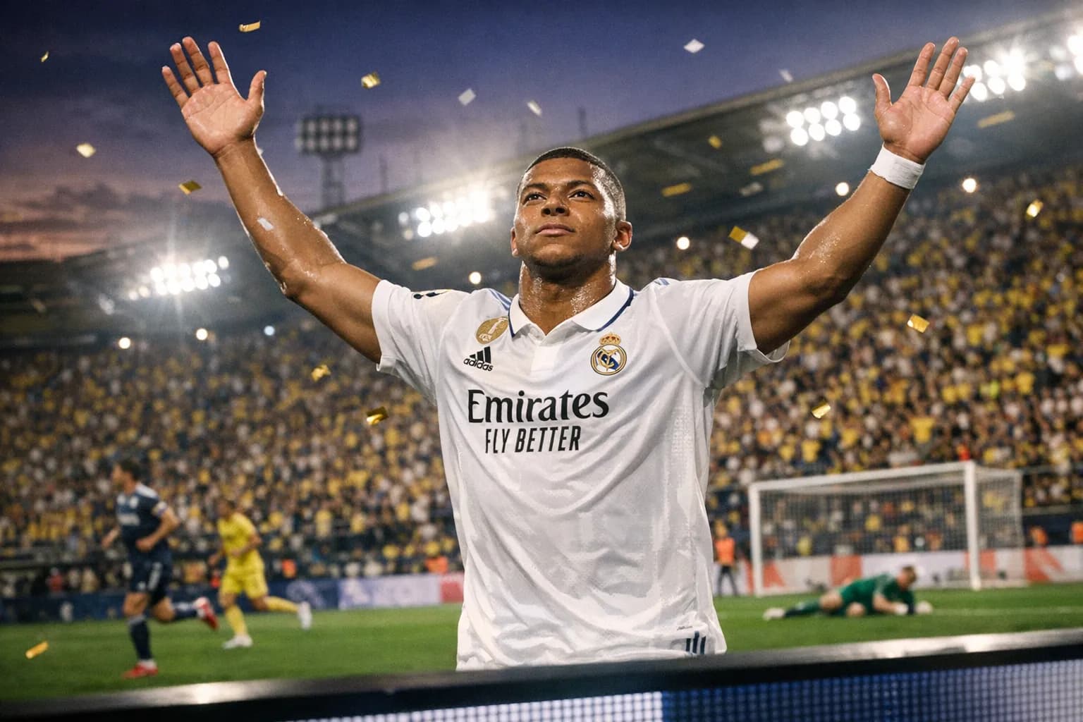 Kylian Mbappé celebrating a goal at Estadio de la Cerámica, Real Madrid in white, Villarreal fans in yellow in the stands