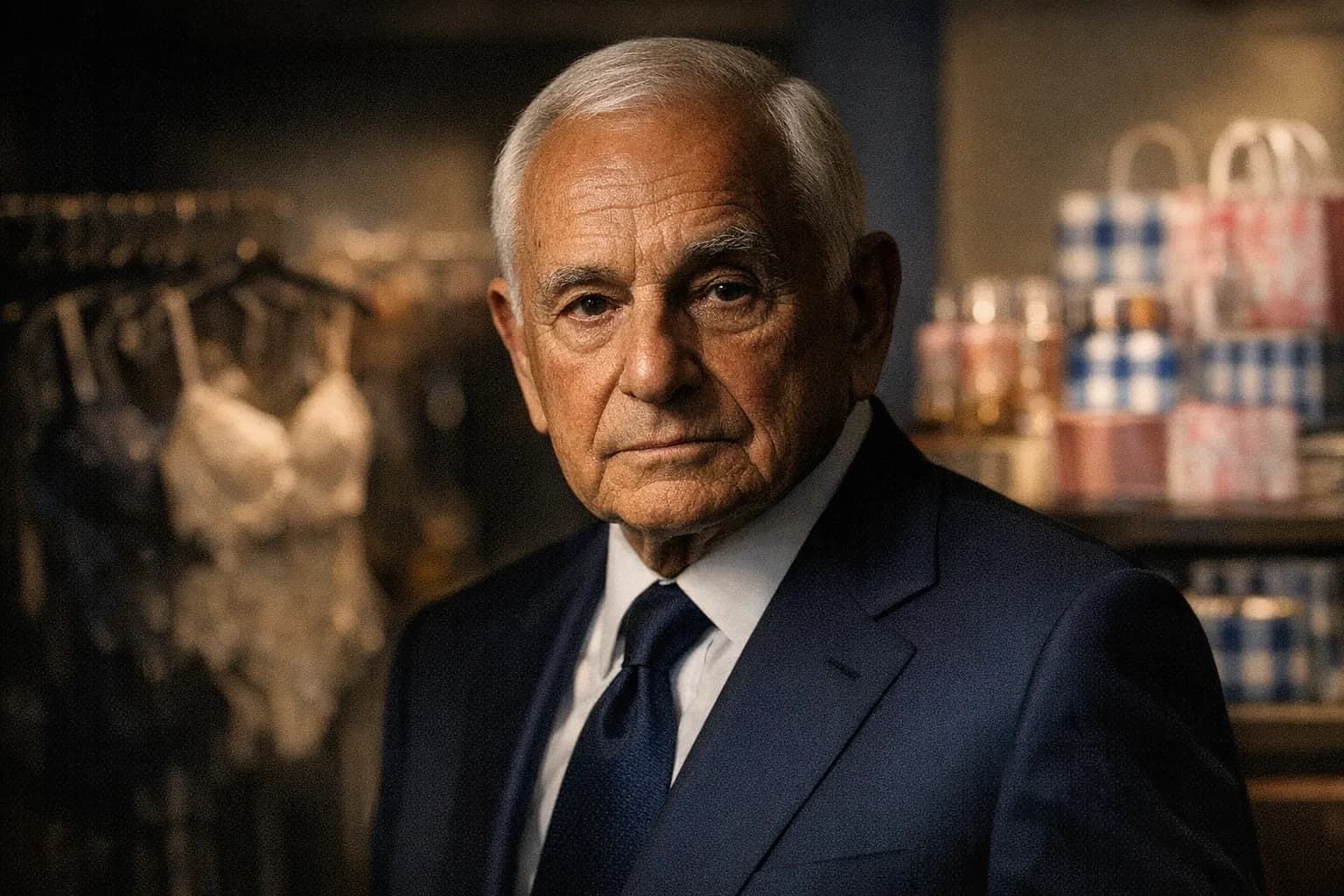 Portrait of Les Wexner in a softly lit retail interior, thoughtful expression, blurred stores in background.