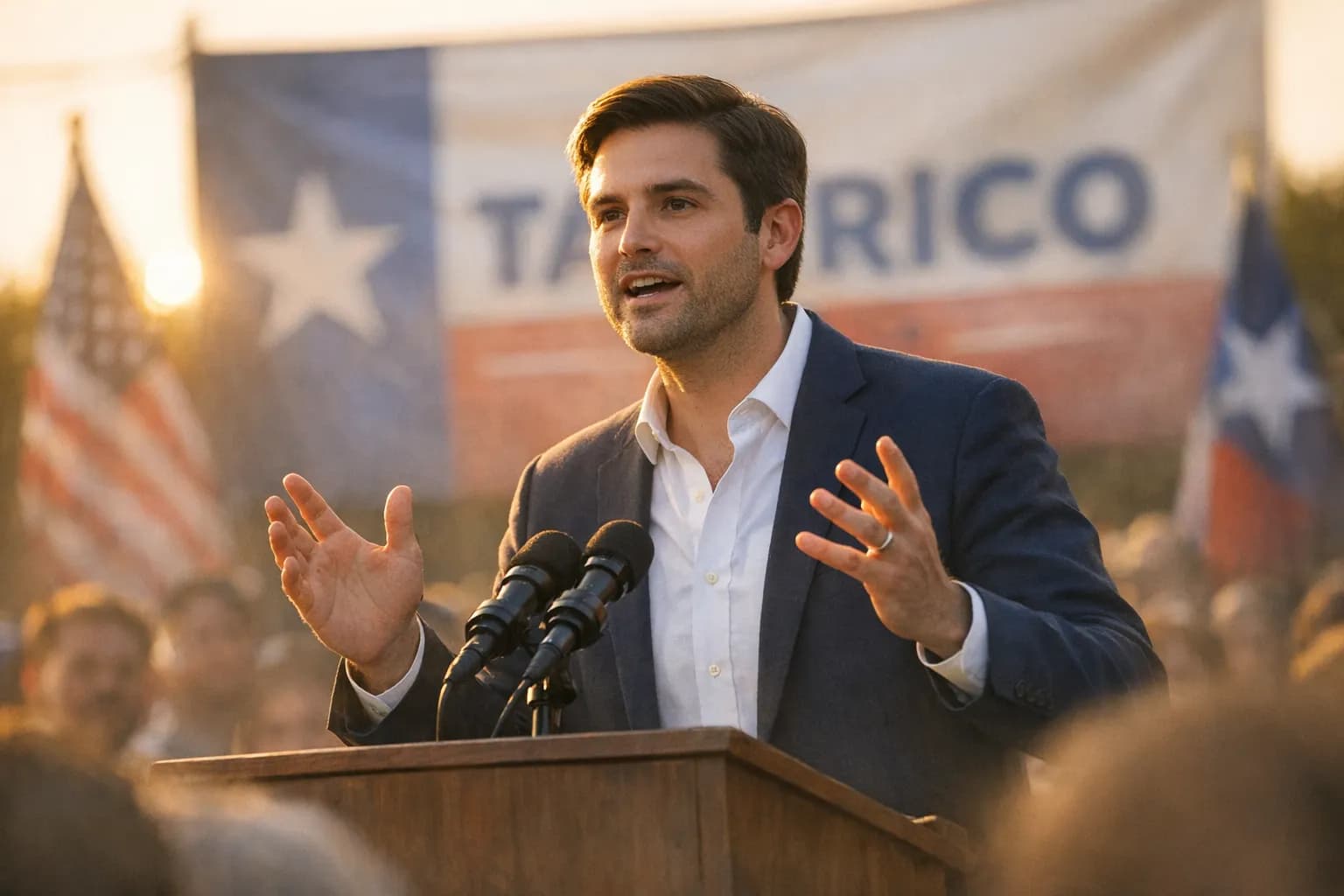 James Talarico speaking at a campaign rally, mid-gesture, with supporters in the background.