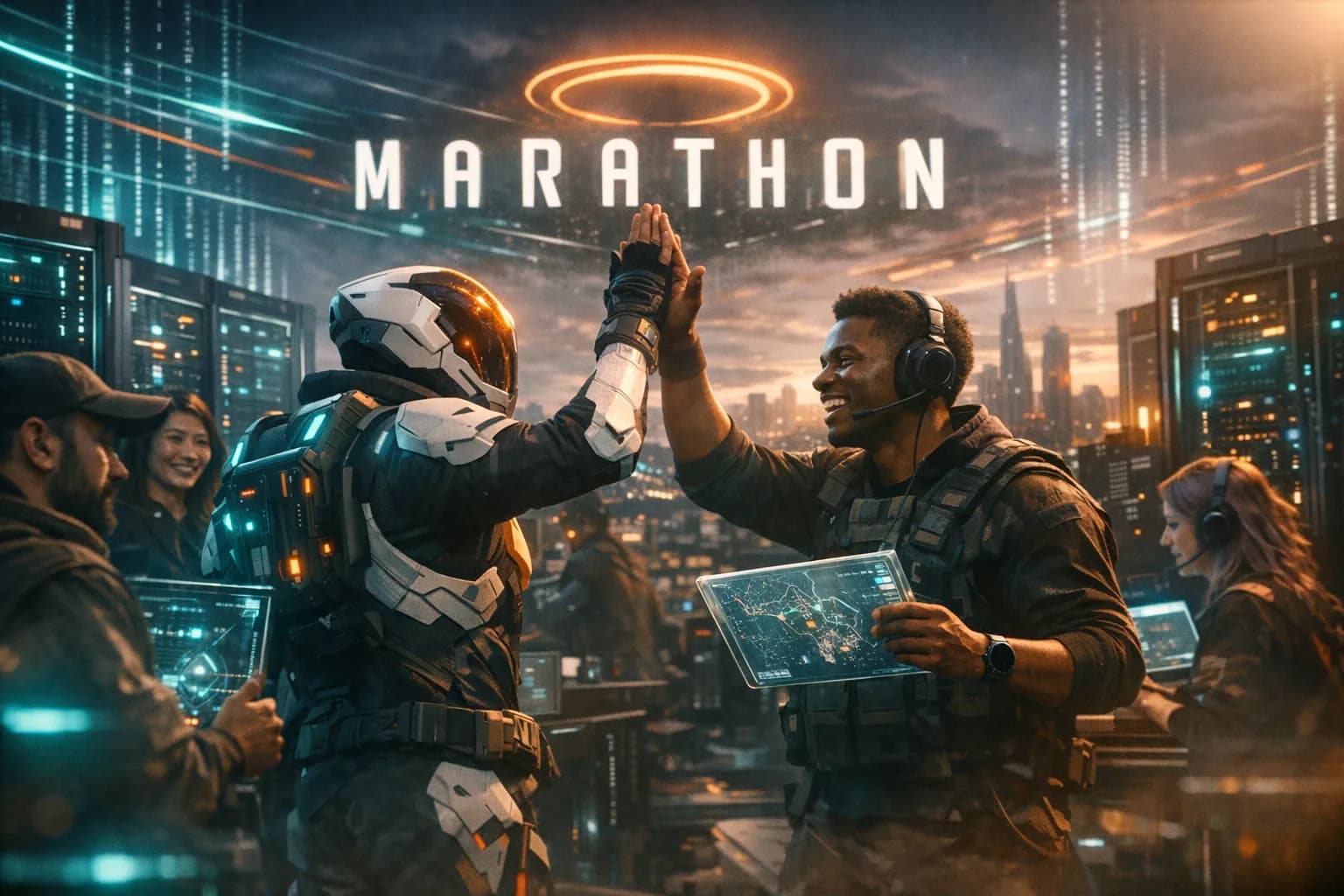 Players celebrating beside holographic server racks and a futuristic game UI during the Marathon Server Slam preview weekend
