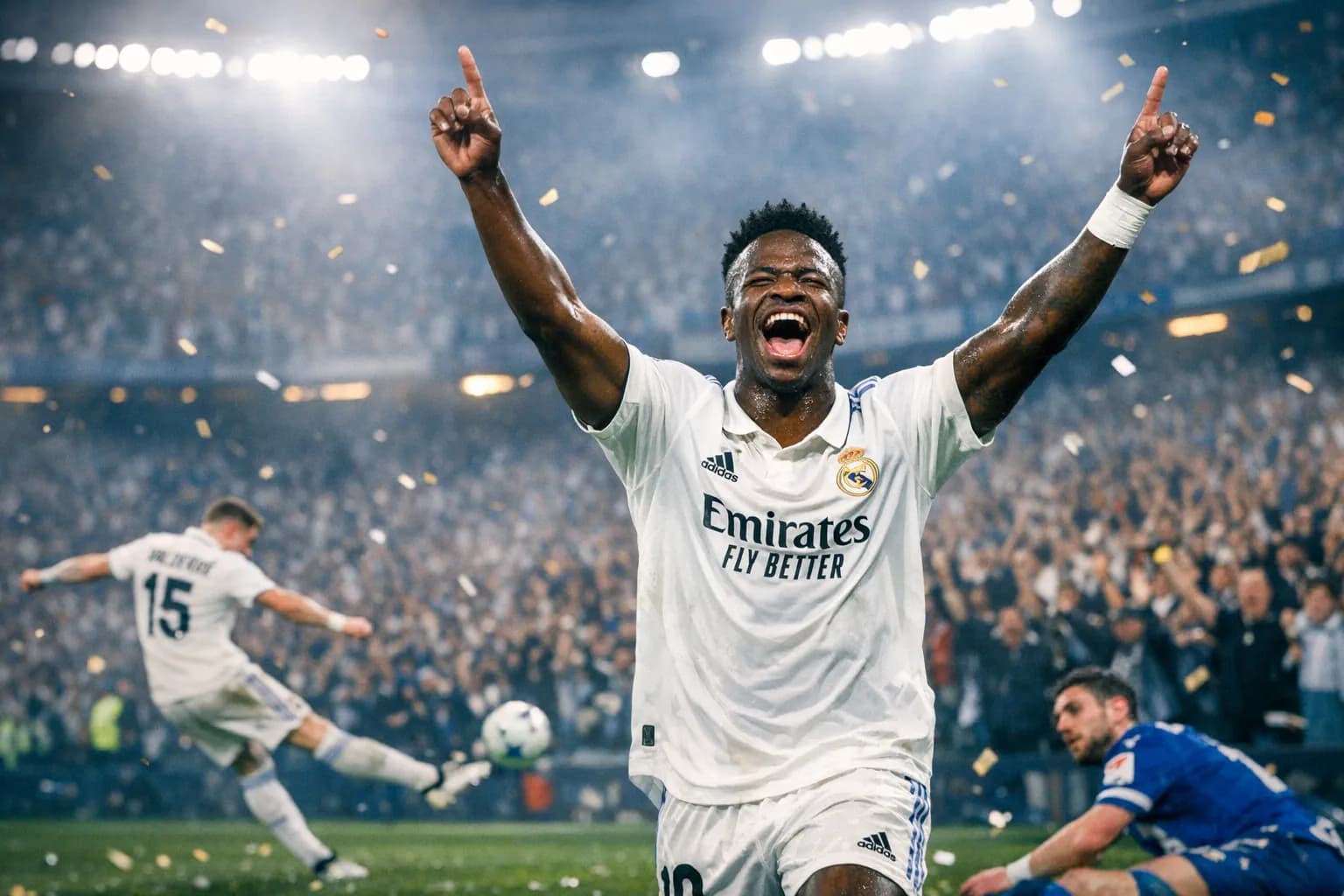 Vinícius Júnior celebrating at the Santiago Bernabéu after scoring, with Federico Valverde in the background and fans in the stands.