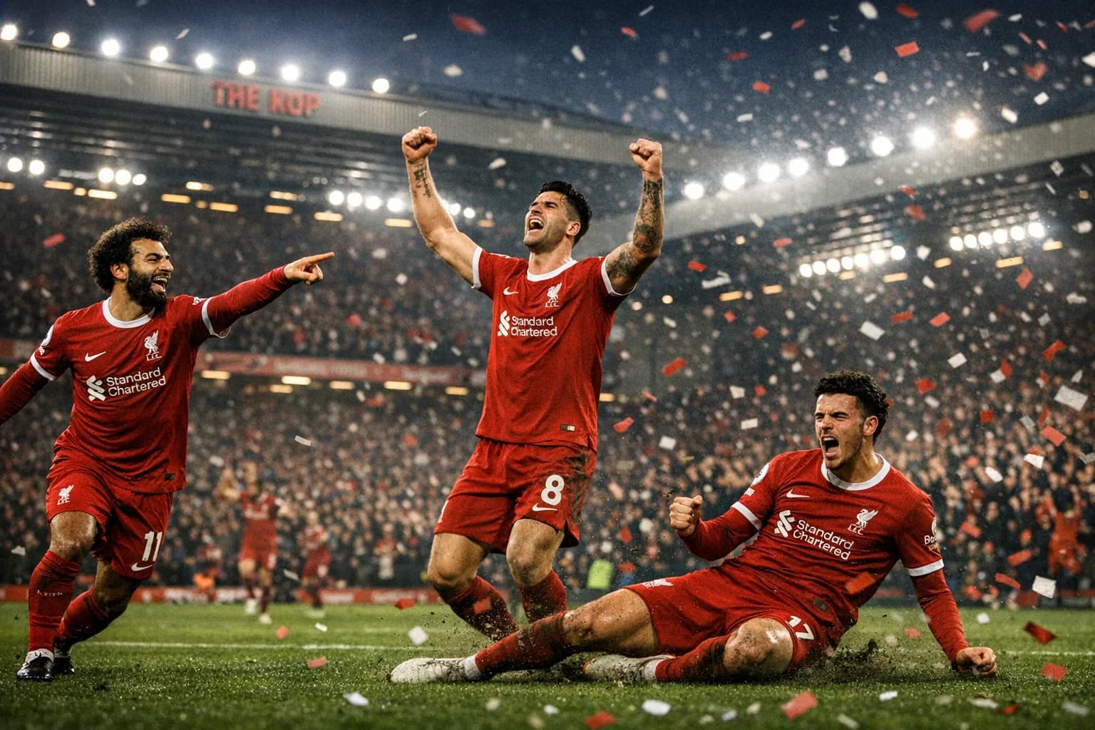 Liverpool players Mohamed Salah, Dominik Szoboszlai and Curtis Jones celebrating at Anfield under floodlights after a 3-0 win over Brighton on February 14, 2026.