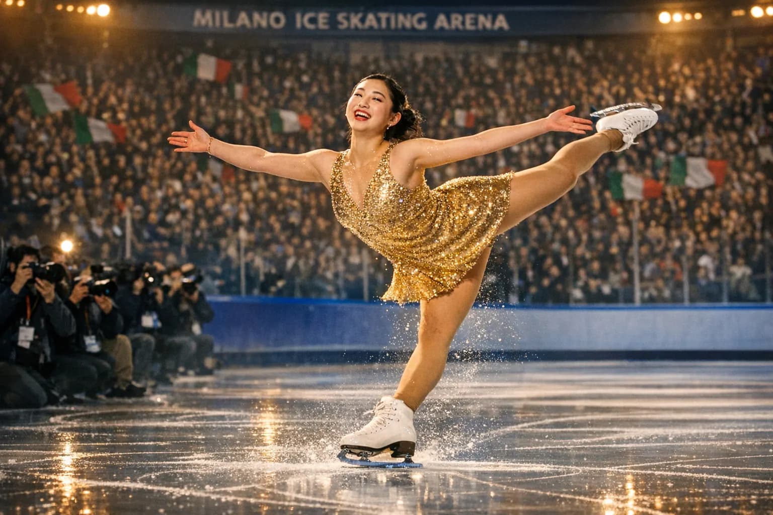 Alysa Liu in a gold dress finishing her free skate at the Milano Ice Skating Arena, crowd and photographers in the background