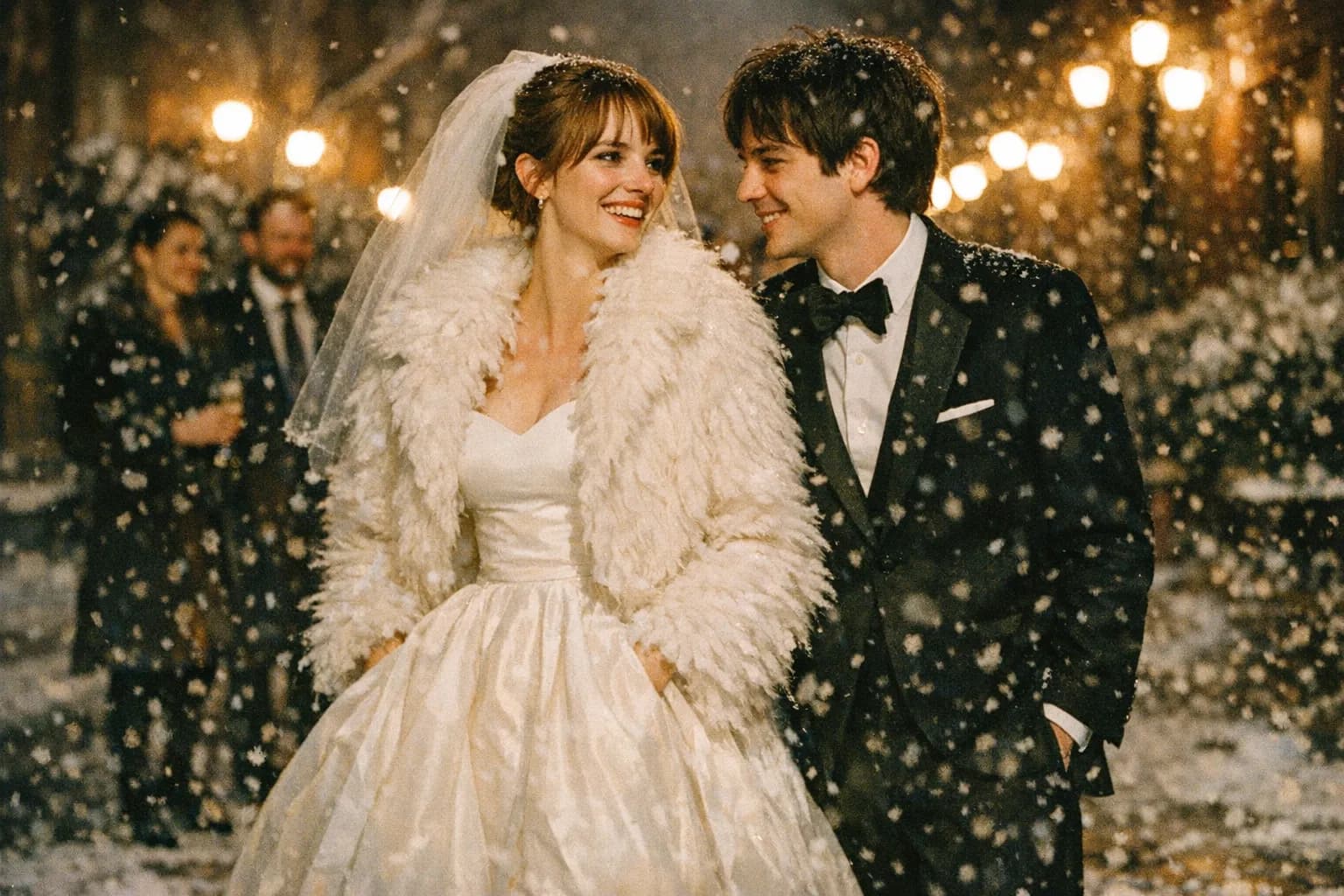 Maya Hawke in a white wedding gown and feathery coat, smiling beside Christian Lee Hutson in a tuxedo on a snowy New York street after a ceremony.