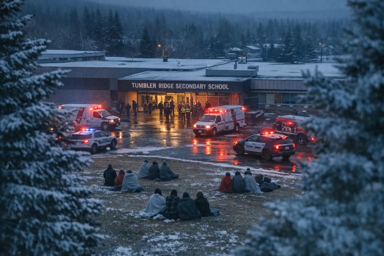 Emergency vehicles and responders outside Tumbler Ridge Secondary School at dusk, residents gathered nearby.