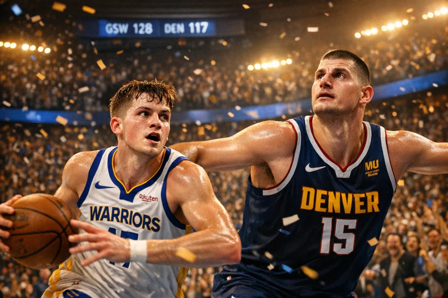 Brandin Podziemski driving to the rim as Nikola Jokić contests a rebound at Chase Center, fans cheering in the background.
