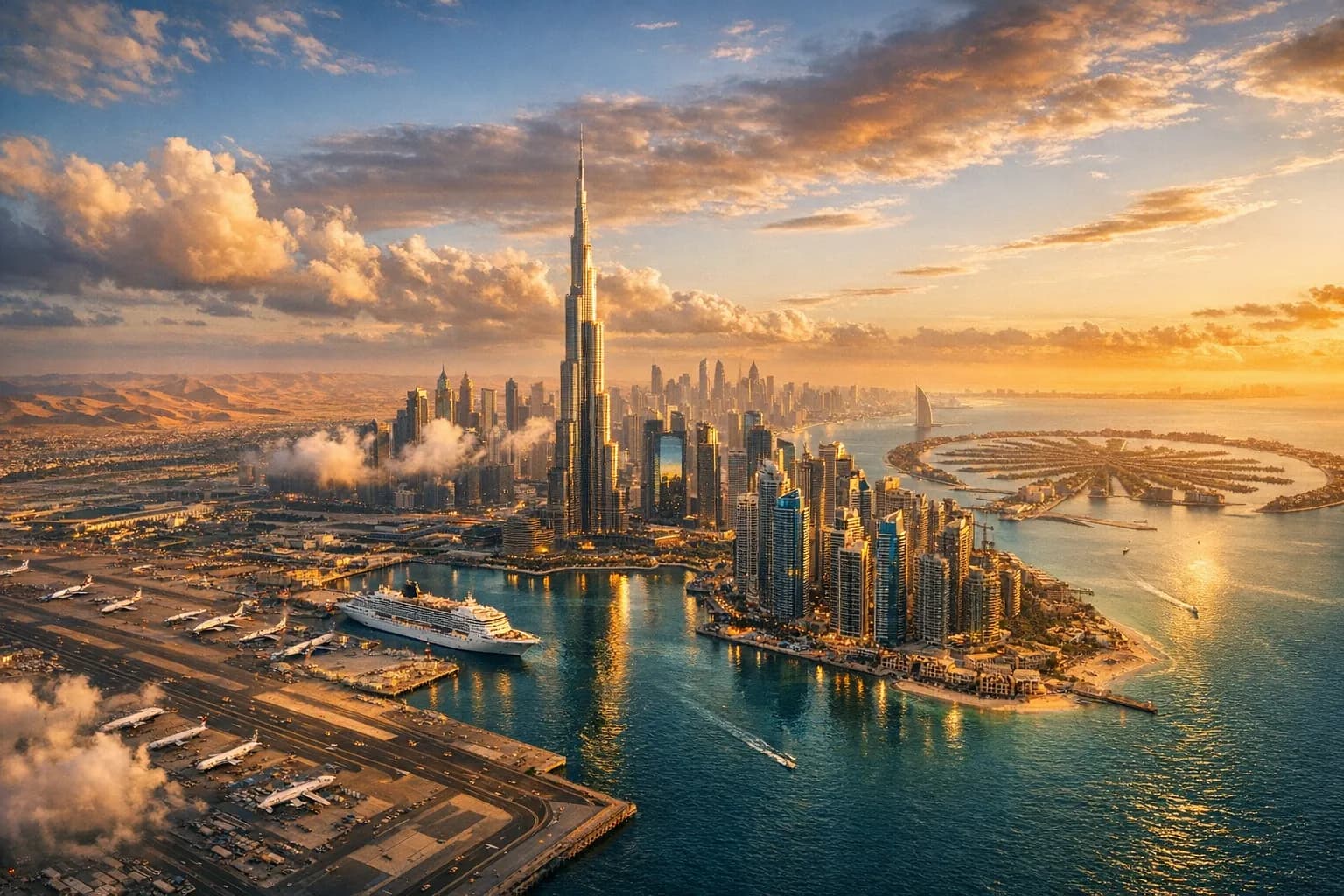 Aerial sunset view of Dubai skyline with Burj Khalifa, Dubai Marina and Palm Jumeirah, golden light reflecting on glass towers and the Arabian Gulf.