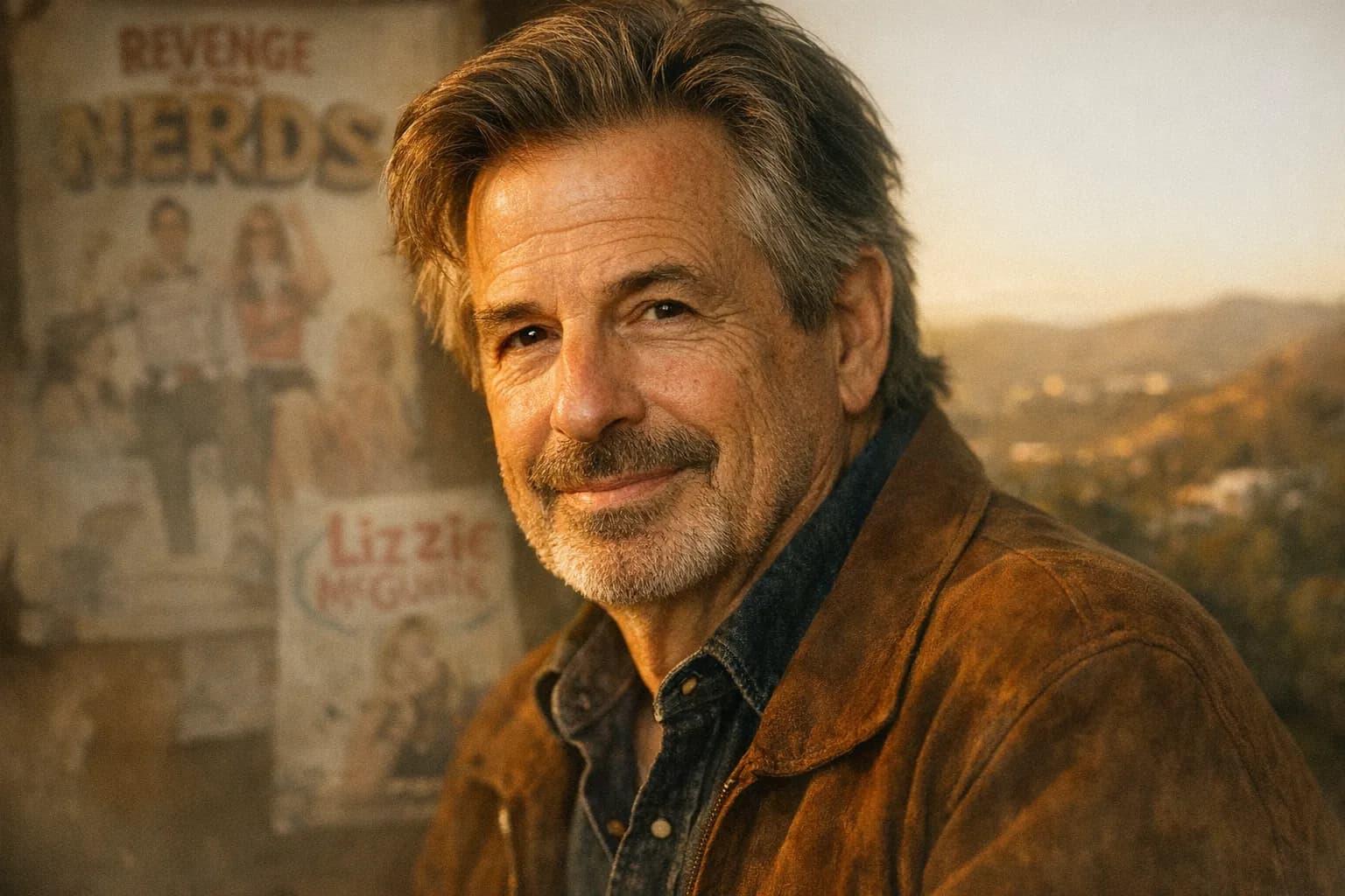 Portrait of Robert Carradine in warm, golden light, with Hollywood hills out of focus behind him