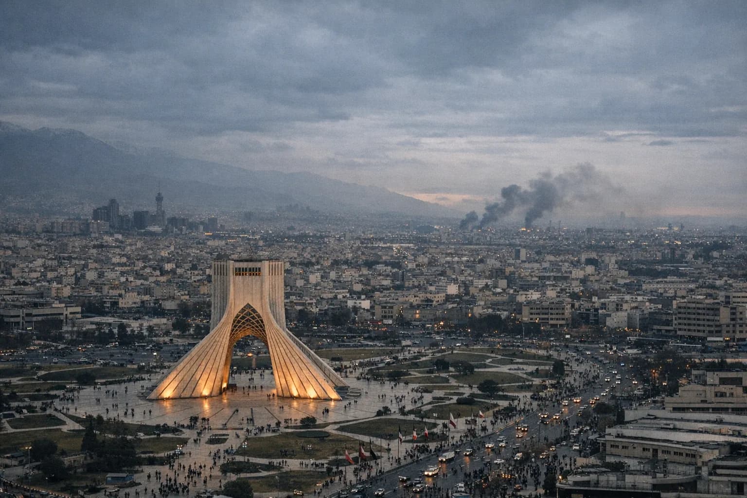 Aerial view of Tehran with Azadi Tower at dusk, smoke on the horizon, and small street gatherings