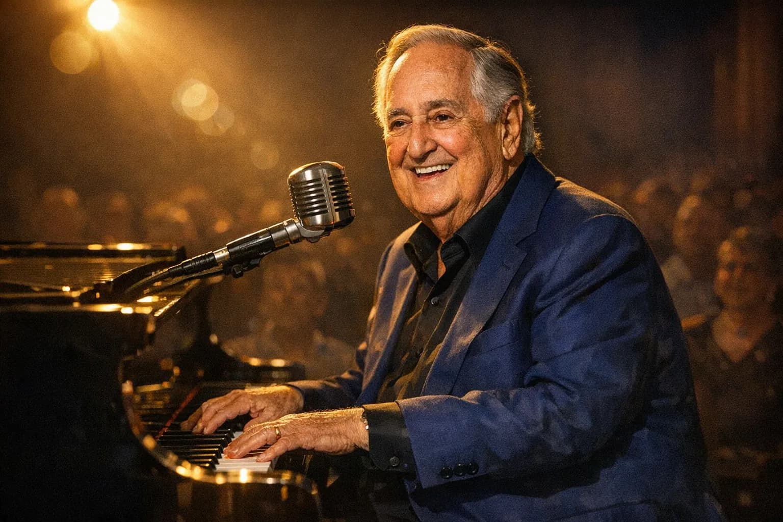 Neil Sedaka playing piano on stage, bathed in warm golden light, late-career performance portrait.
