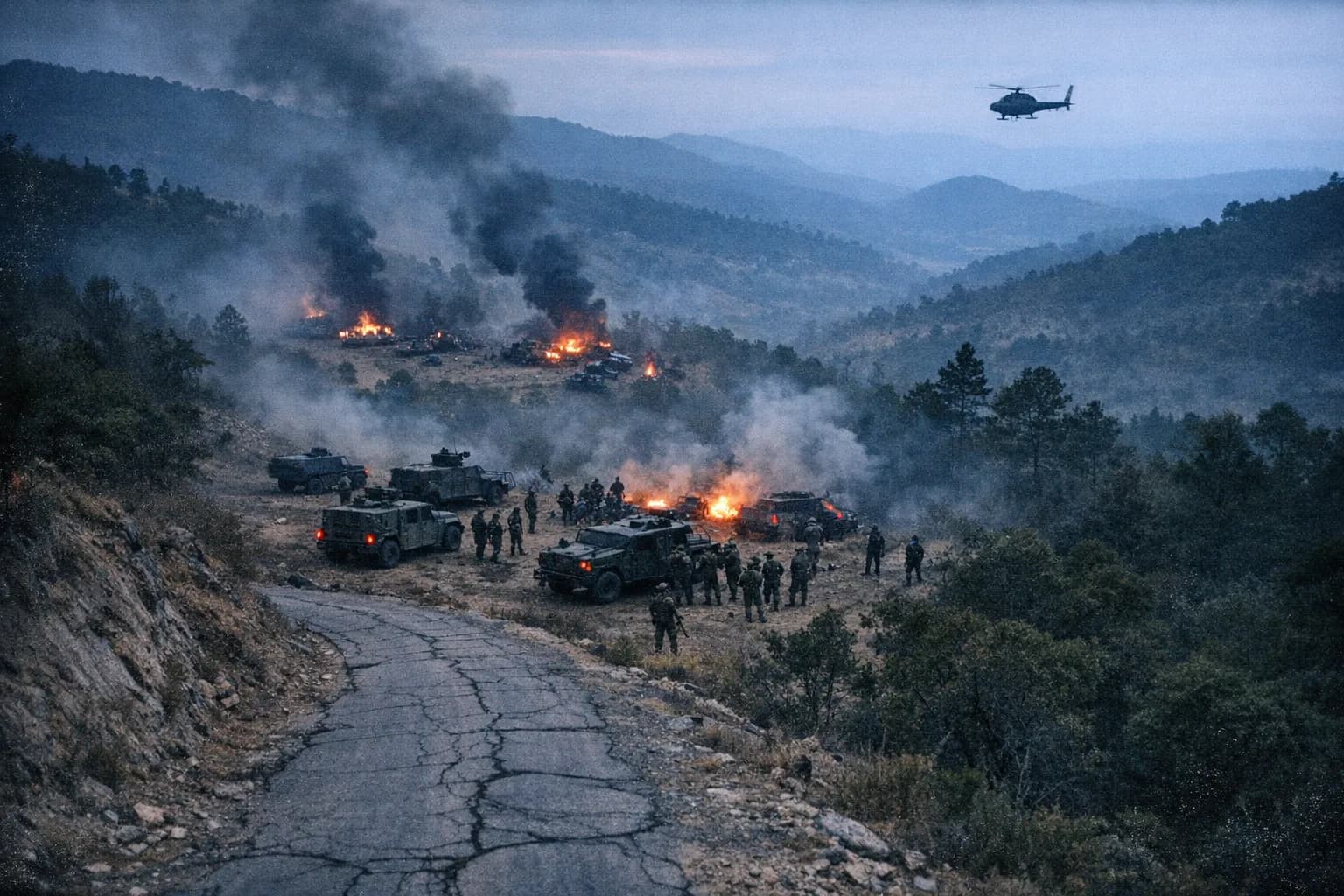 Aerial view at dusk of Mexican security forces, armored vehicles, and smoke from burning vehicles in the mountains near Tapalpa, Jalisco.