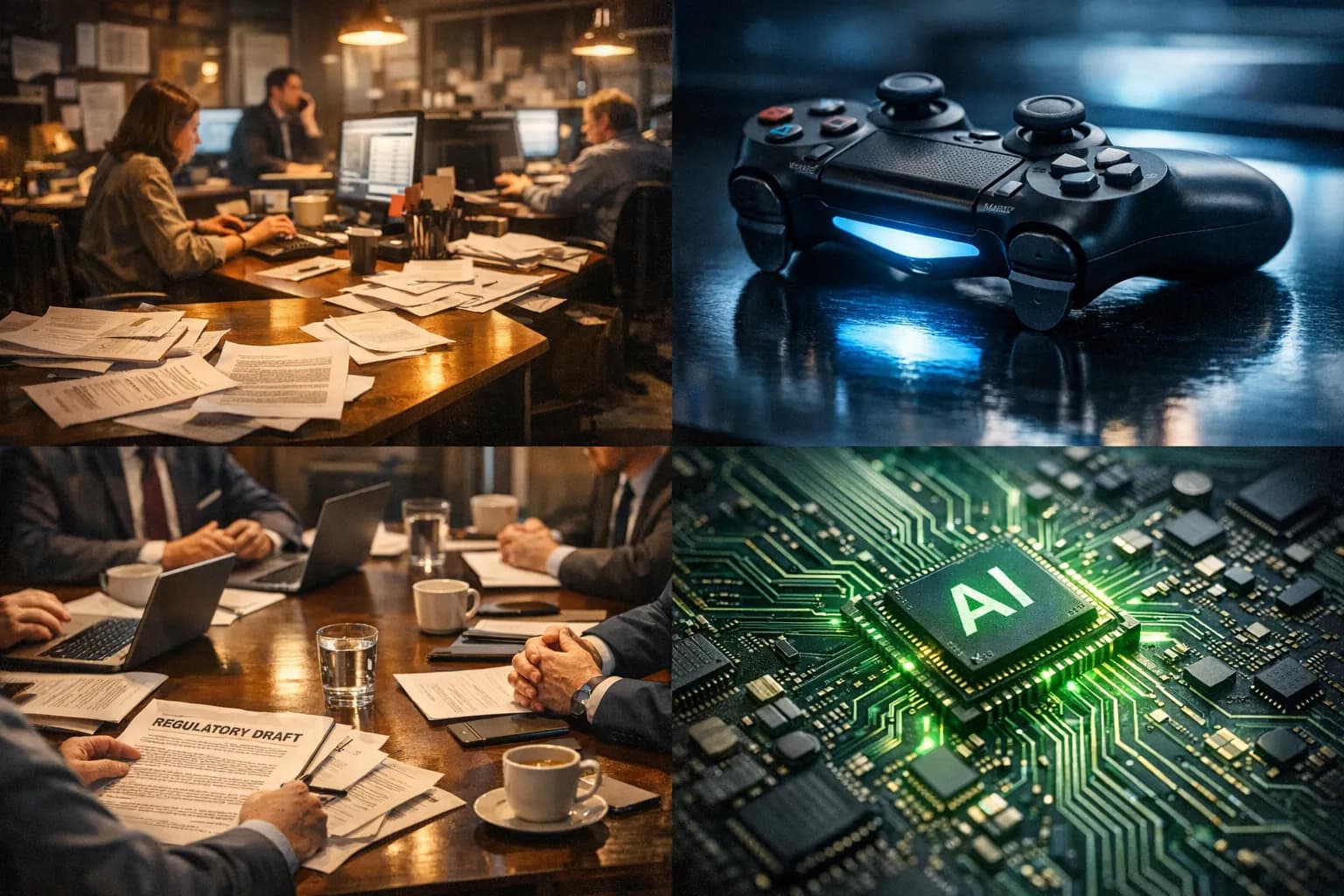Collage showing a newsroom, a PlayStation controller, policymakers at a table, and an AI chip to illustrate contemporary meanings of 'state of play'.