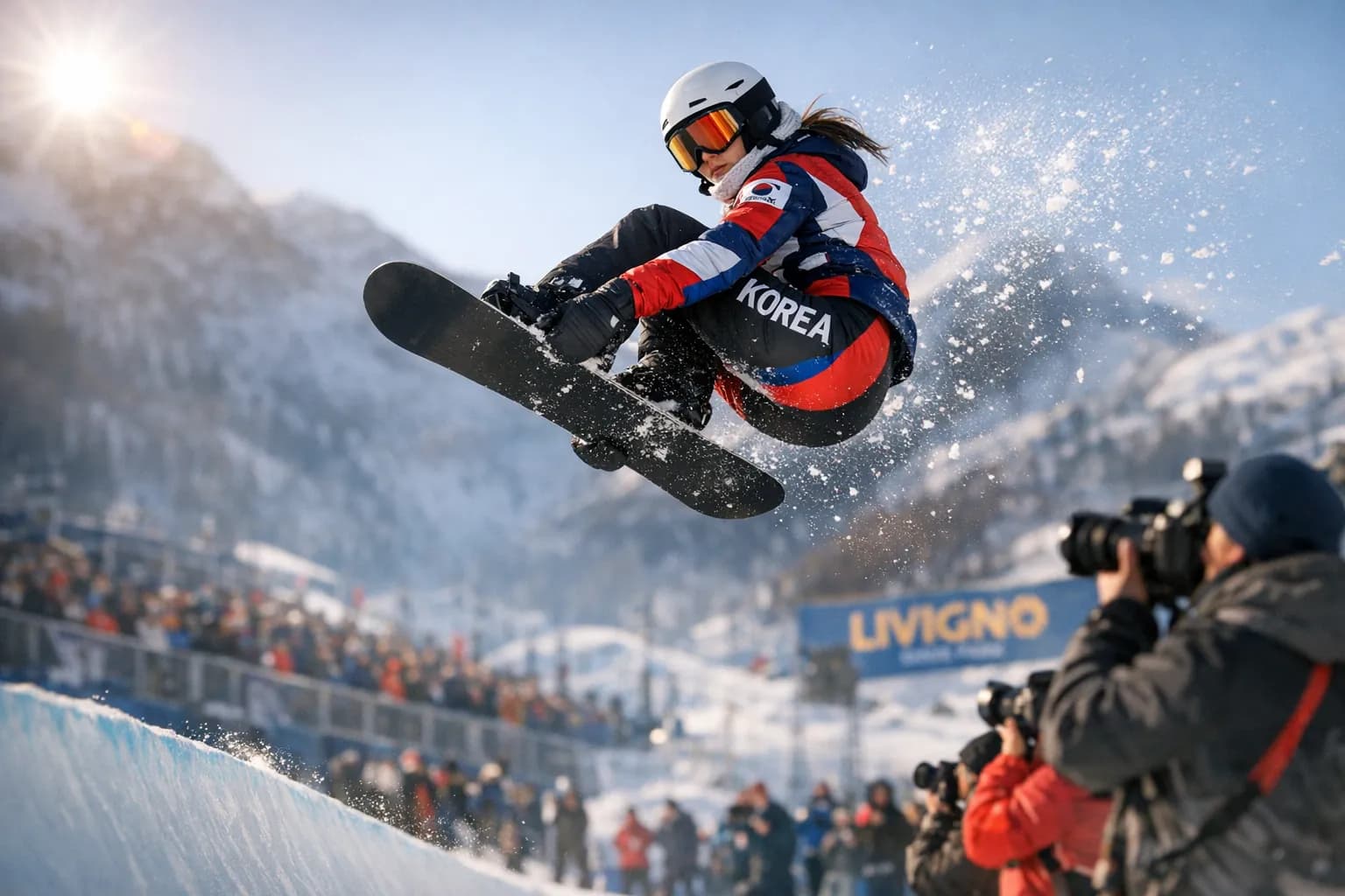 Choi Ga-on airborne above the Livigno Snow Park halfpipe, snow spraying behind her as she executes a high, technical trick, mountains and spectators blurred in background.