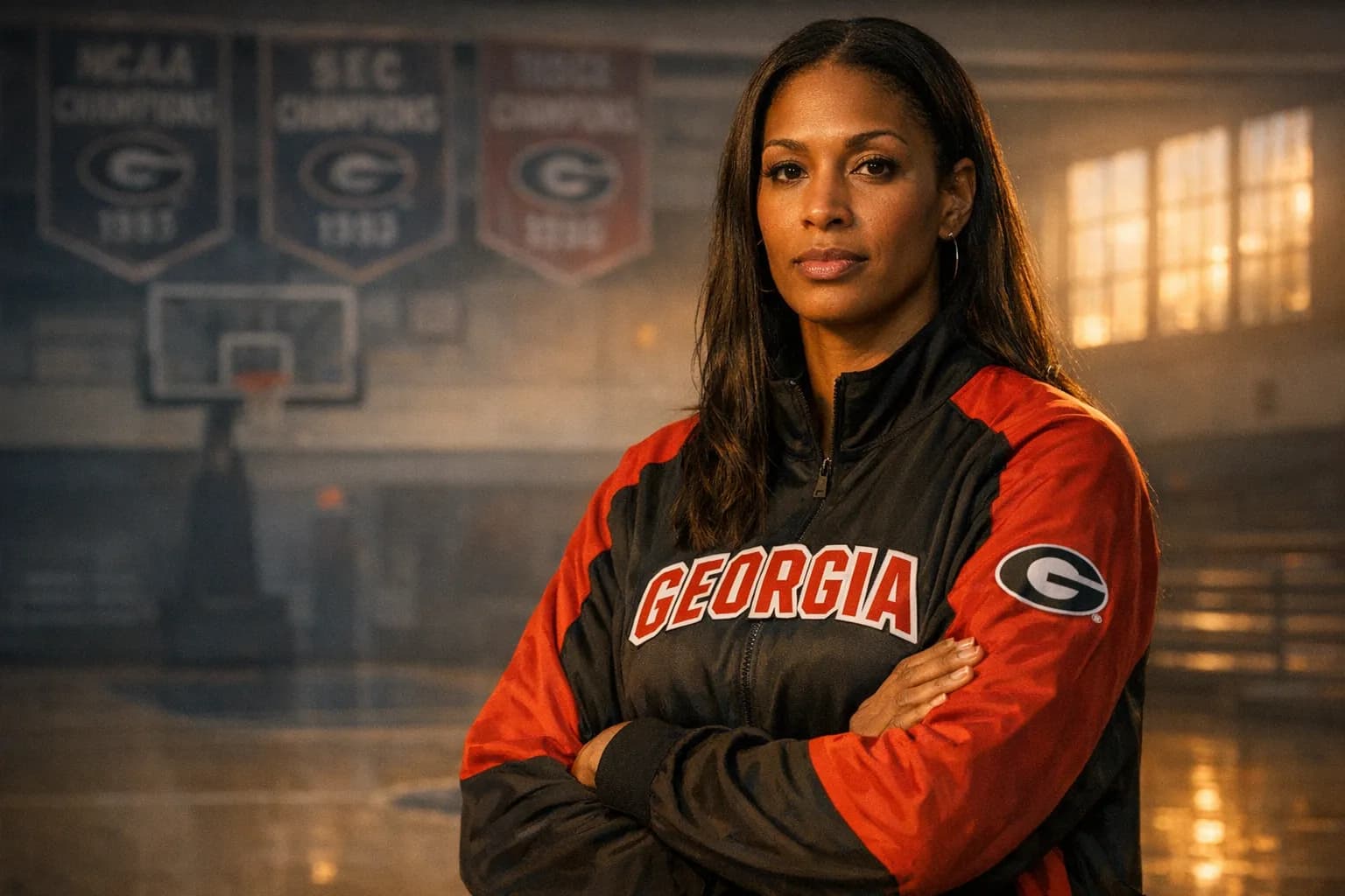 Portrait of Kara Braxton standing on an indoor basketball court, wearing a Georgia warm-up jacket, reflective and solemn expression.