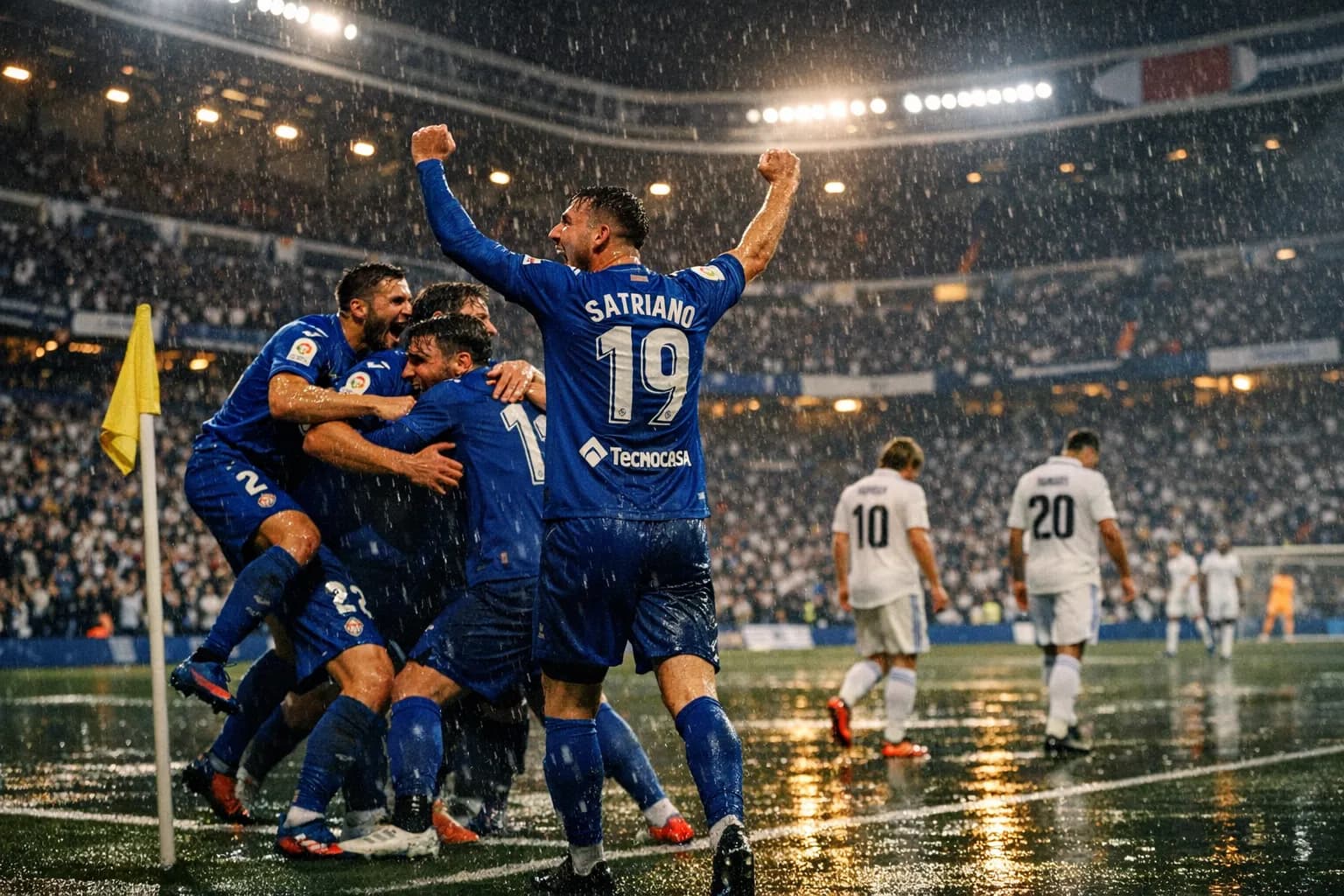 Getafe players celebrate Martín Satriano's goal at the Santiago Bernabéu while Real Madrid players look dejected