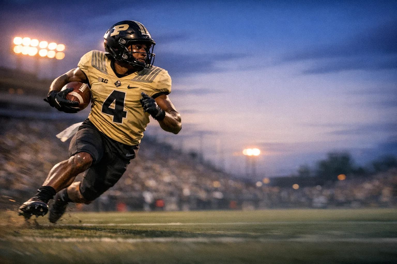 Rondale Moore running after a catch on a football field, motion blur and stadium lights in the background