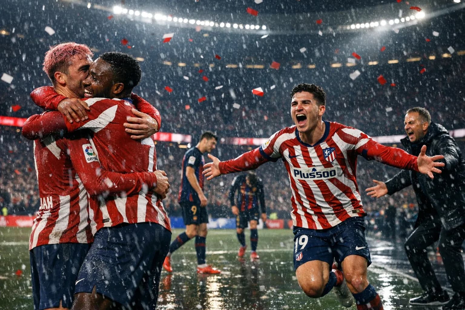 Atlético Madrid players celebrating a goal at the Metropolitano as Barcelona players look on, under heavy rain and bright stadium lights.
